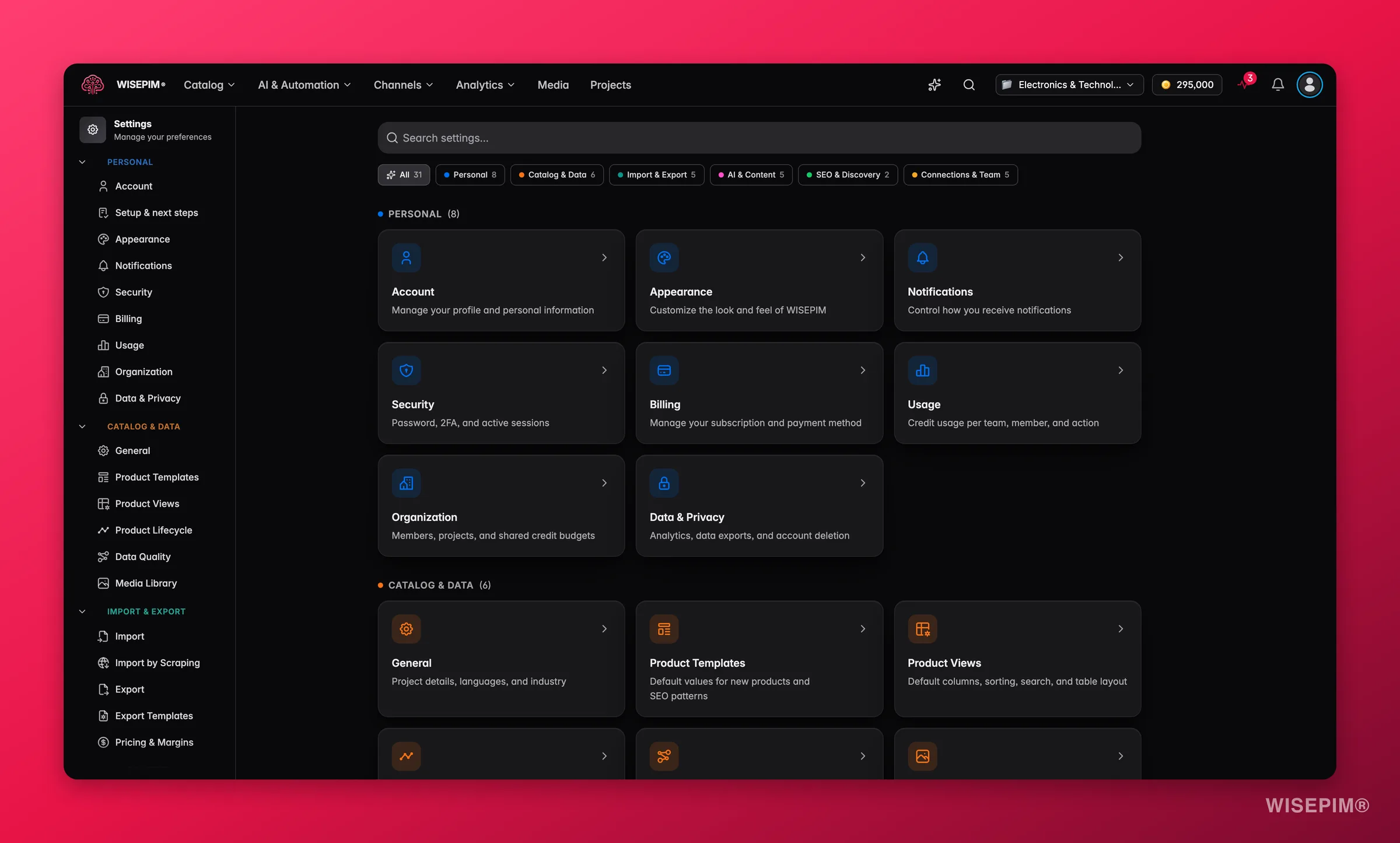WISEPIM settings hub with searchable, category-filtered personal and project settings