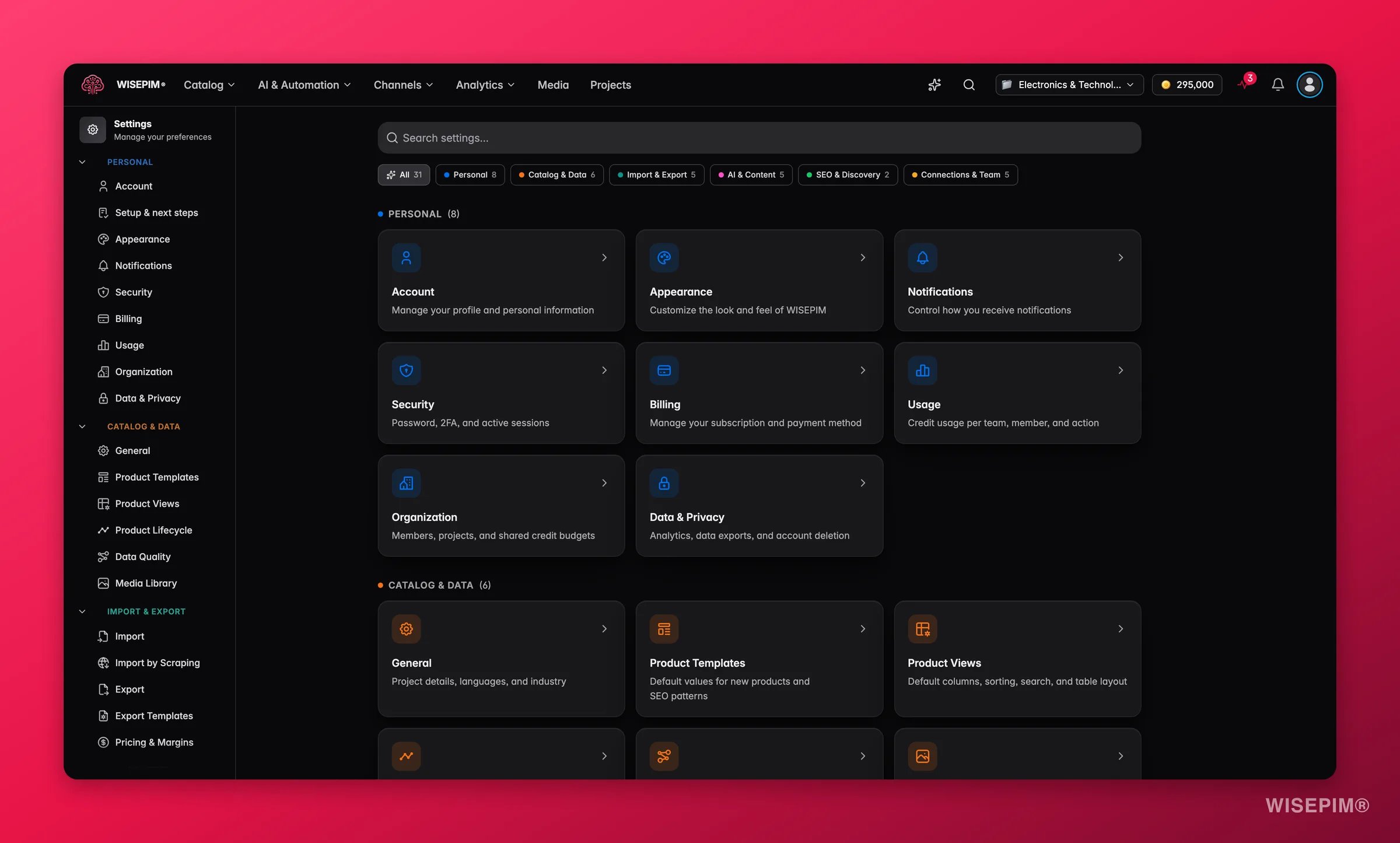 WISEPIM settings hub with searchable, category-filtered personal and project settings