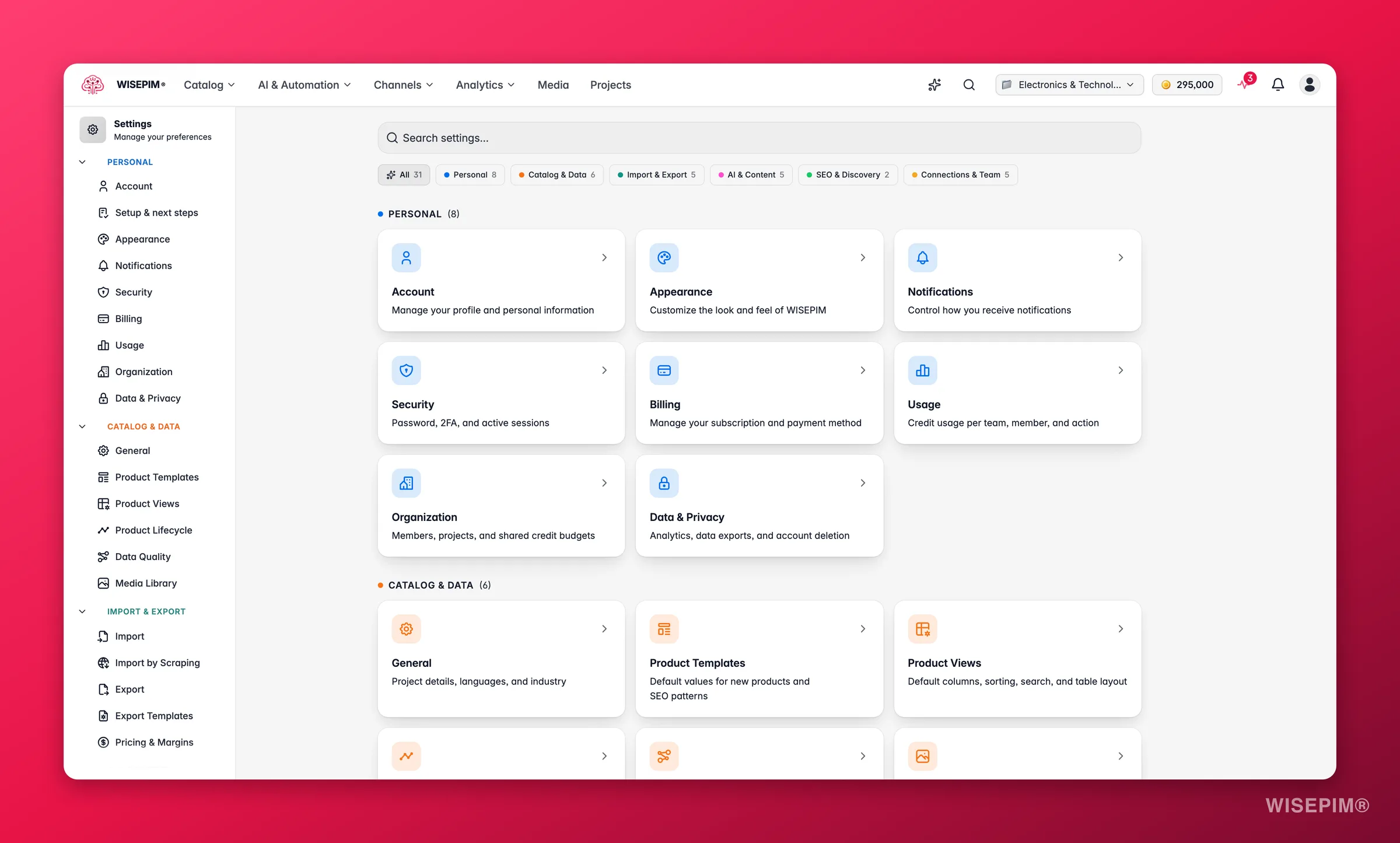 WISEPIM settings hub with searchable, category-filtered personal and project settings