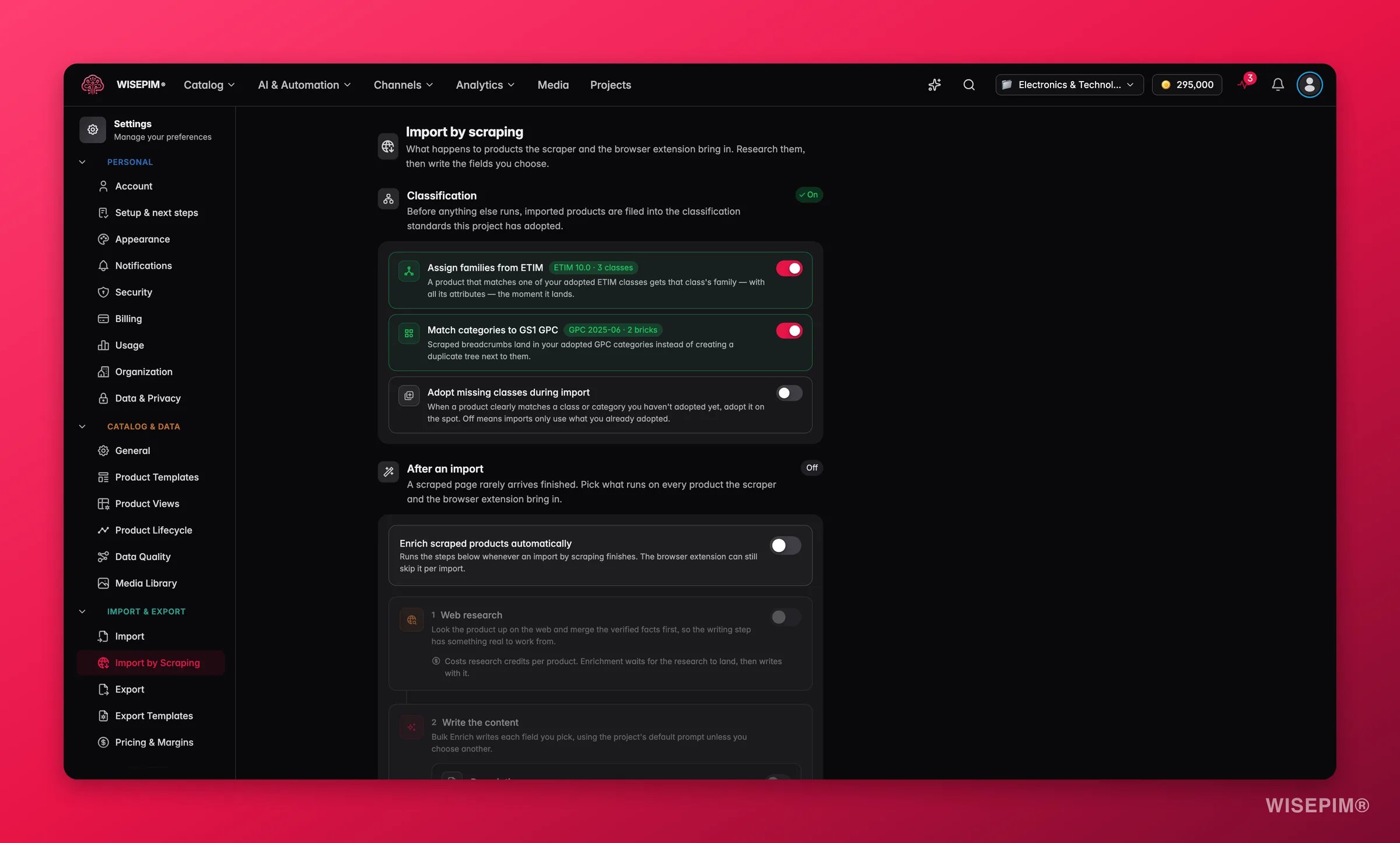 WISEPIM import by scraping settings chaining web research and Bulk Enrich onto every product the scraper and browser extension bring in