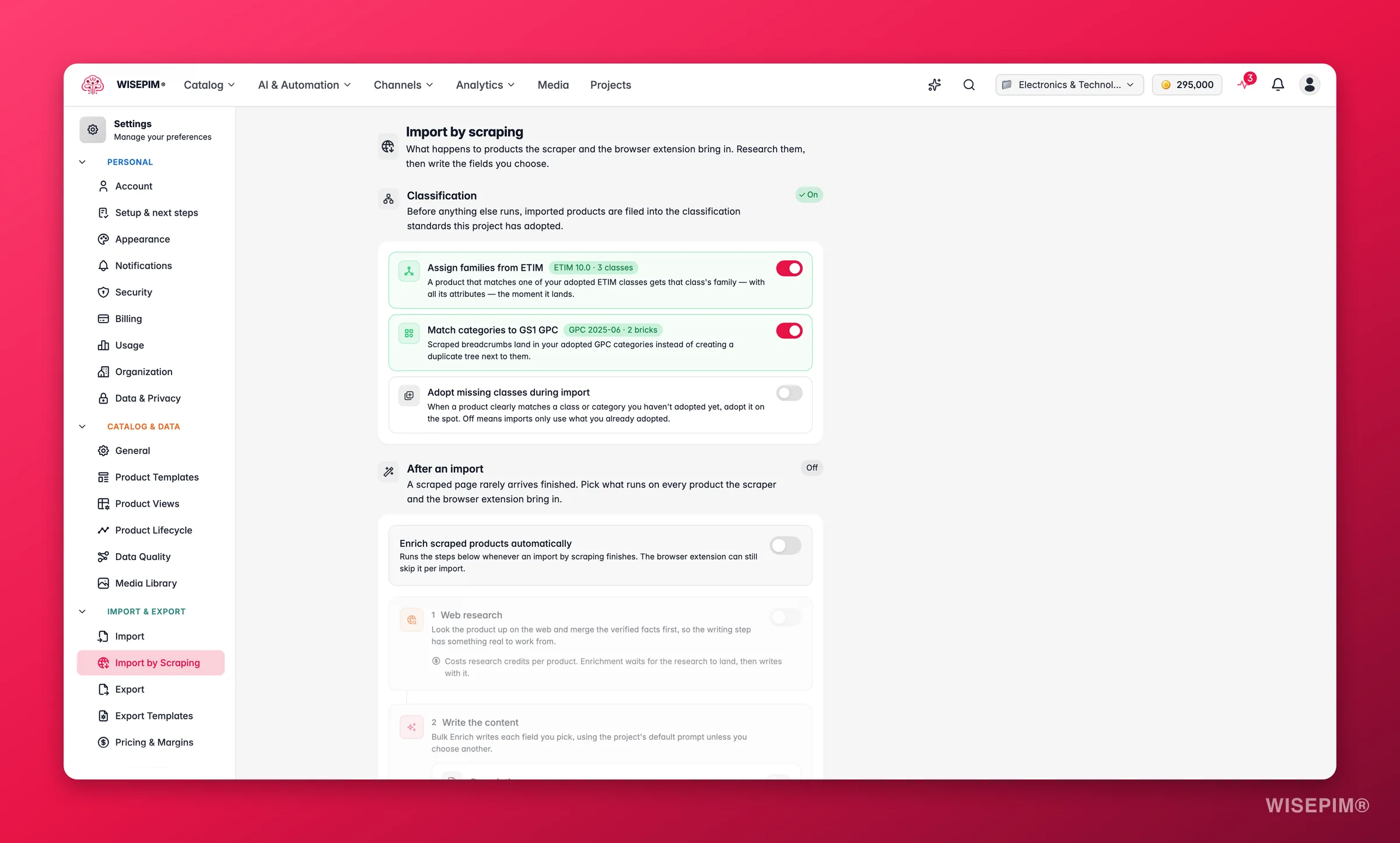 WISEPIM import by scraping settings chaining web research and Bulk Enrich onto every product the scraper and browser extension bring in