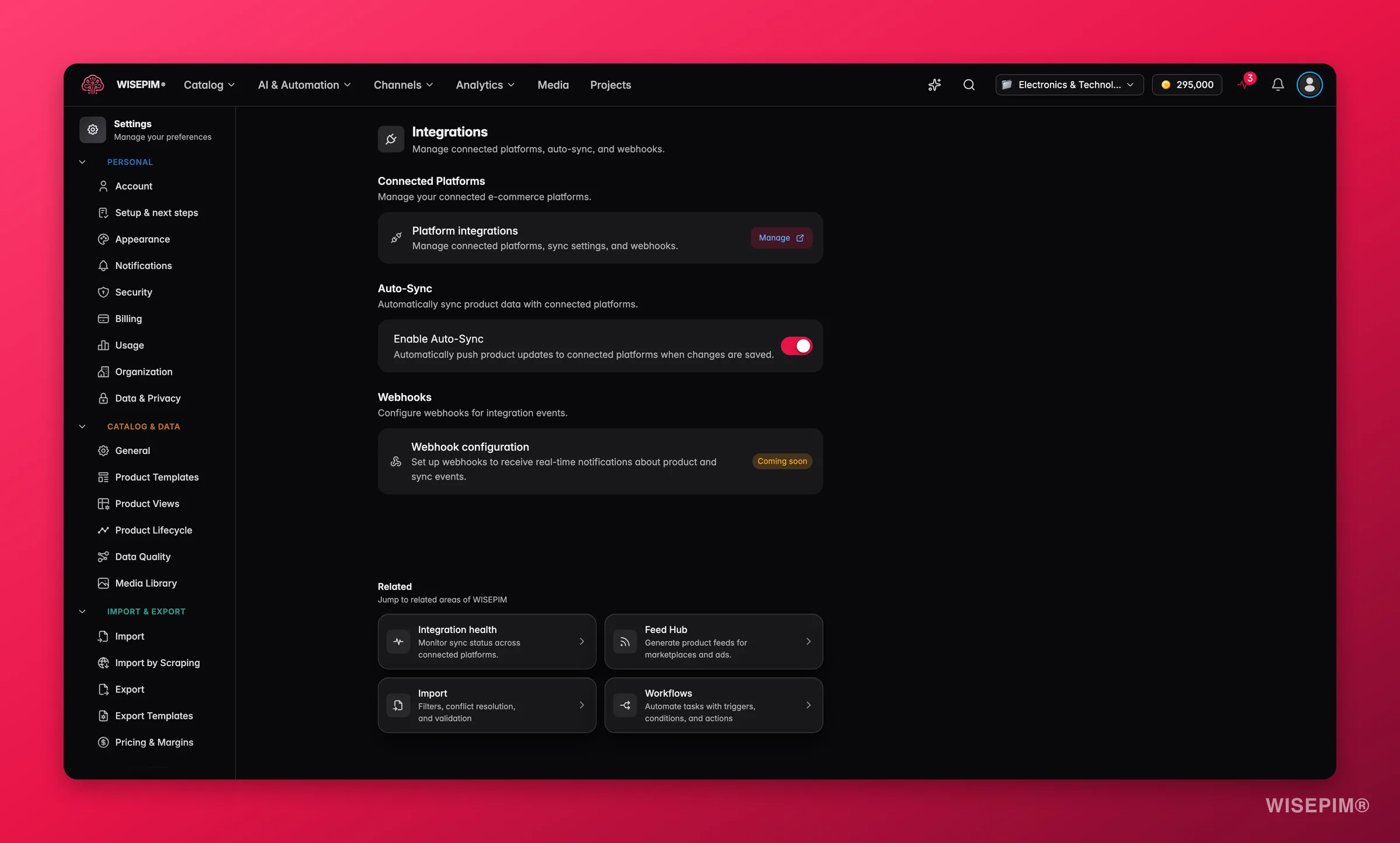 WISEPIM integration settings and connected channels