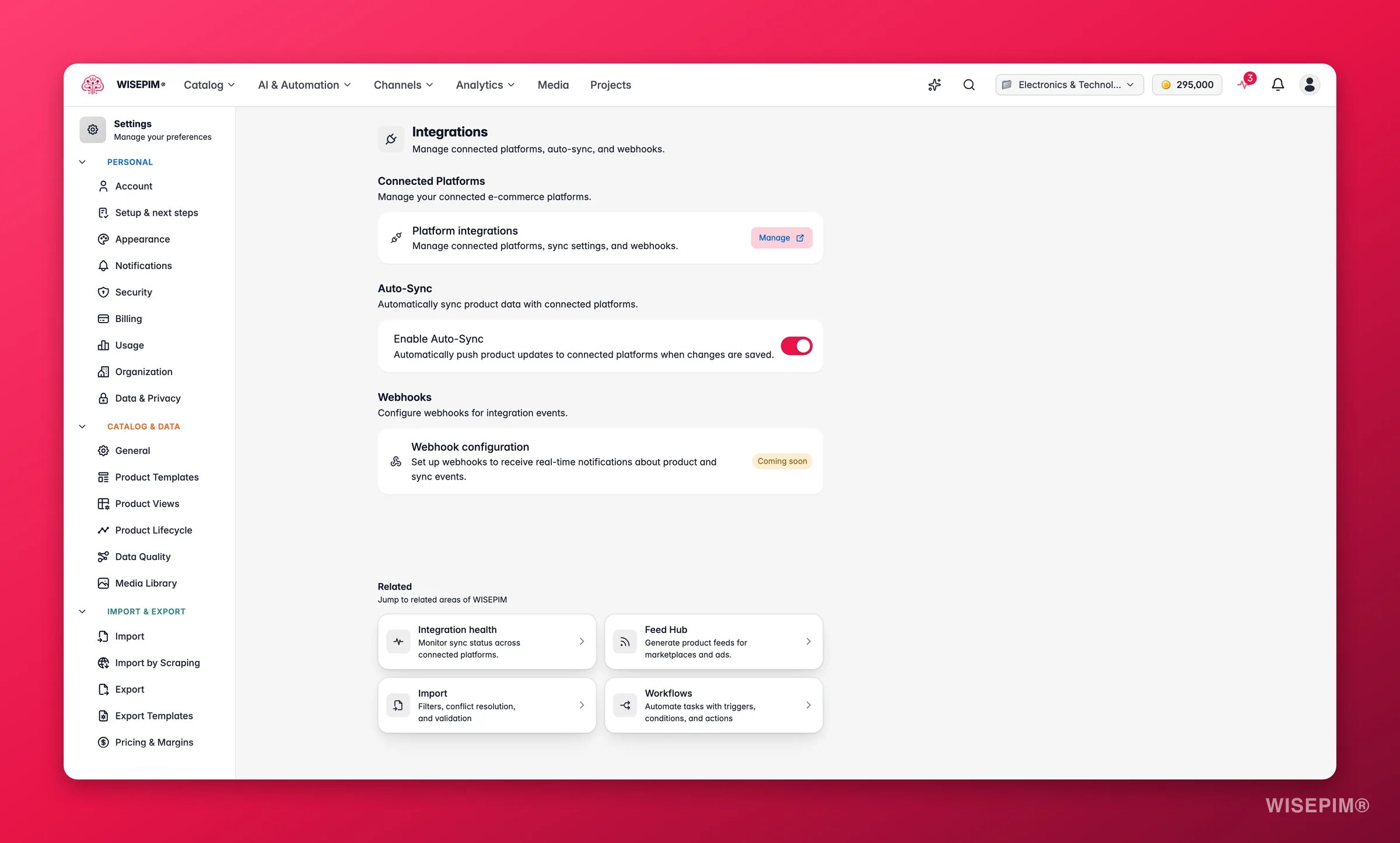 WISEPIM integration settings and connected channels