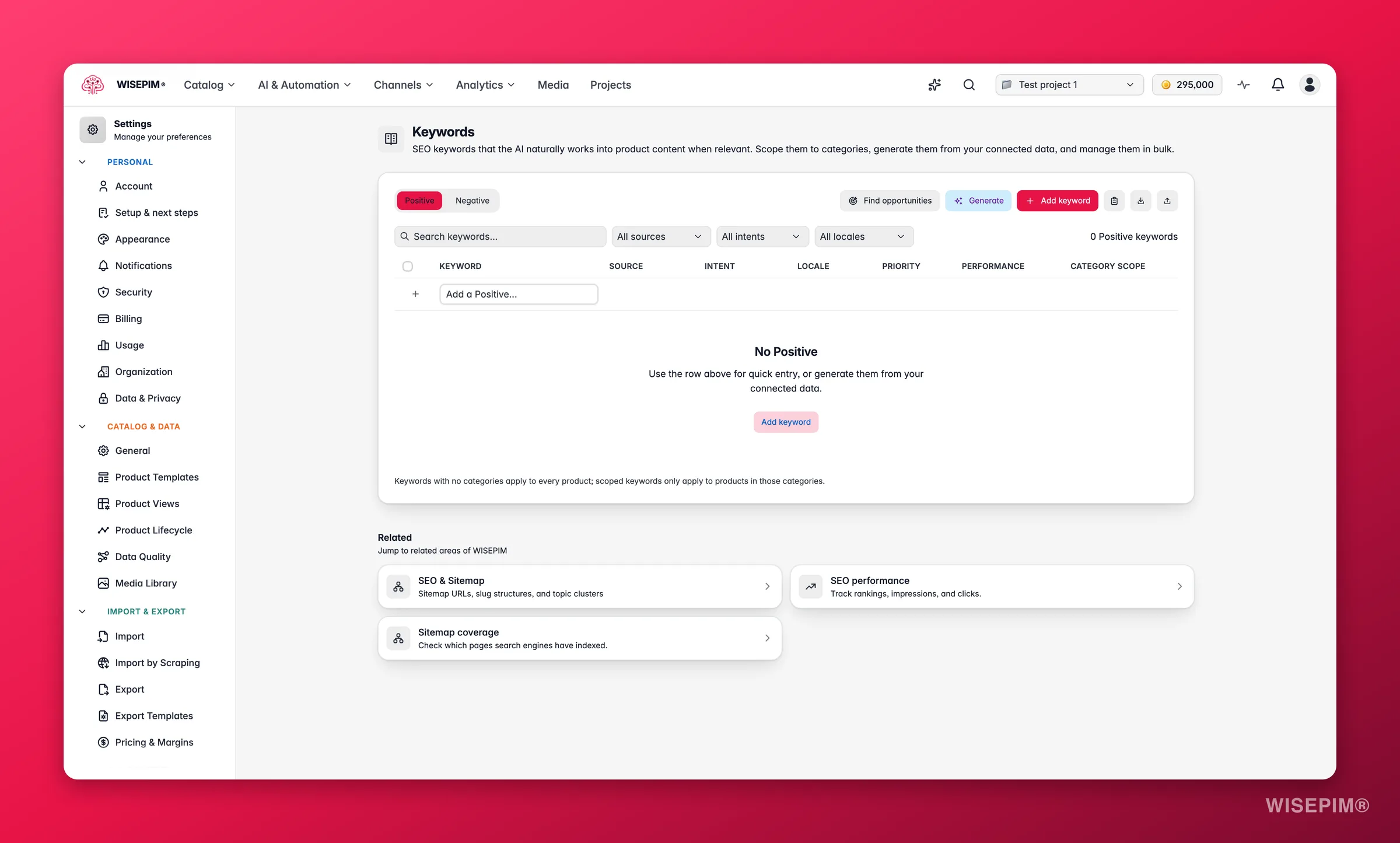 Ajustes de palabras clave de WISEPIM - keywords SEO por categoría que la AI incorpora en el contenido generado