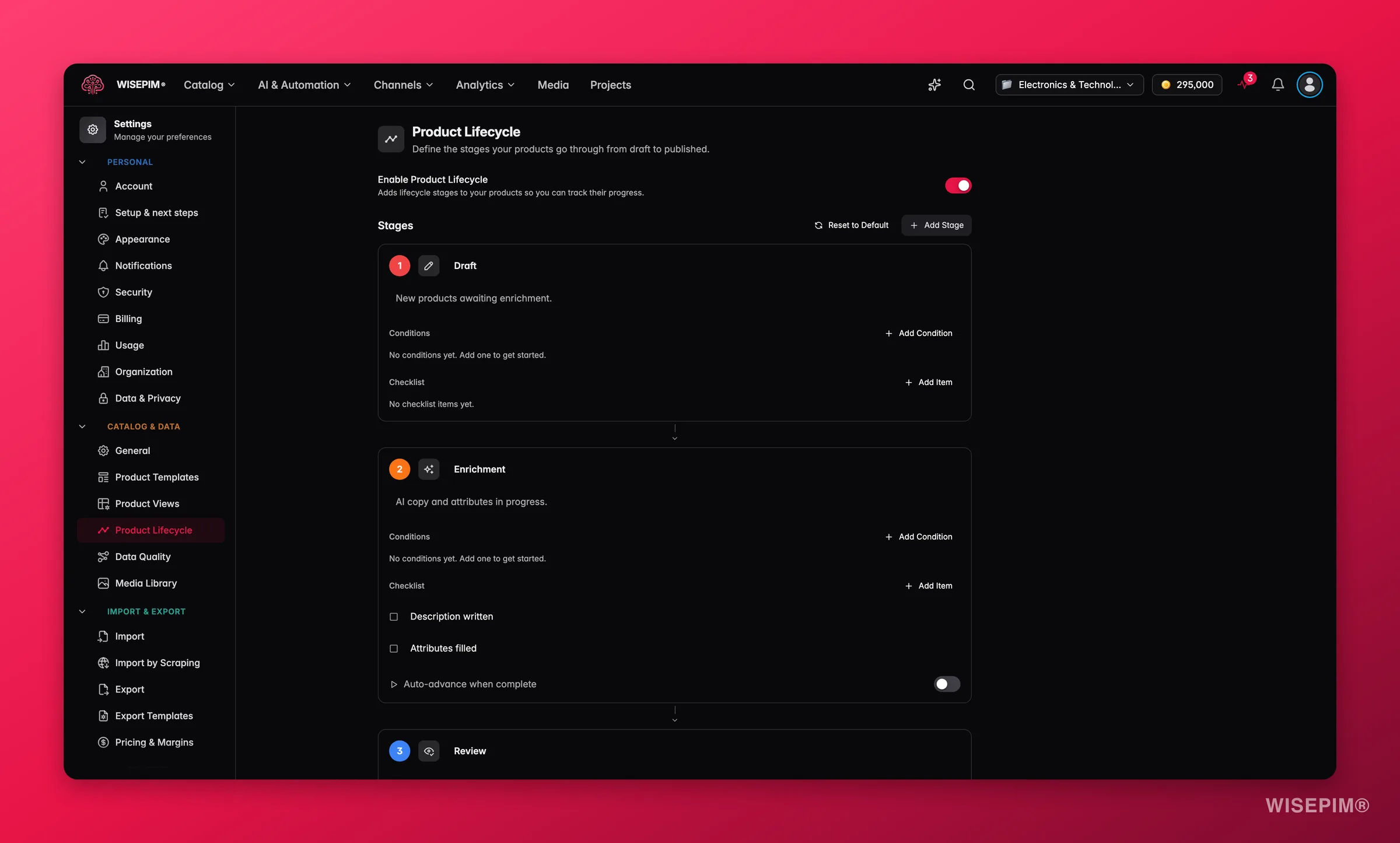 WISEPIM product lifecycle stages and status automation