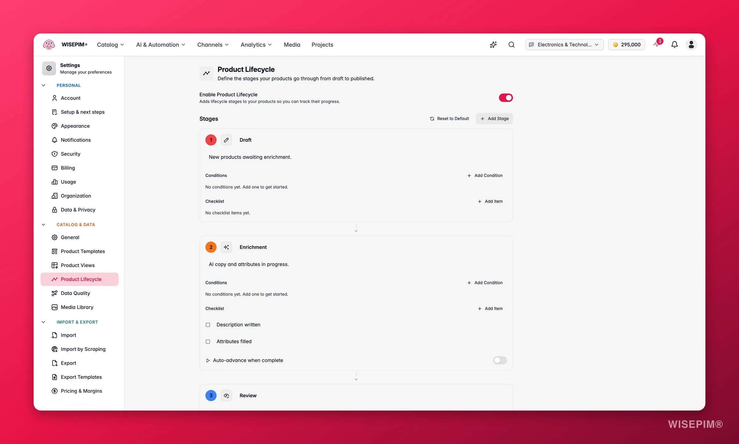 WISEPIM product lifecycle stages and status automation