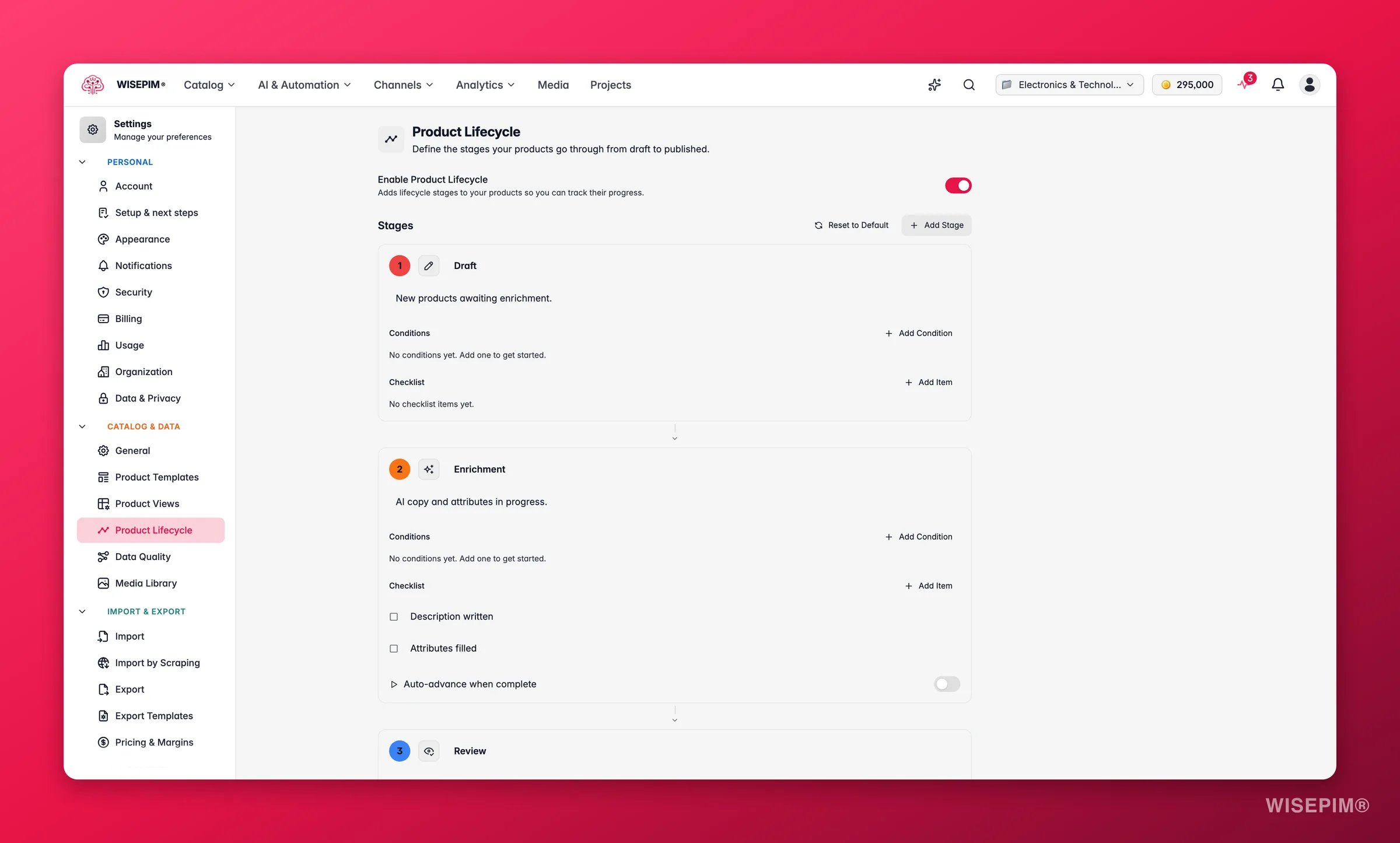 WISEPIM product lifecycle stages and status automation