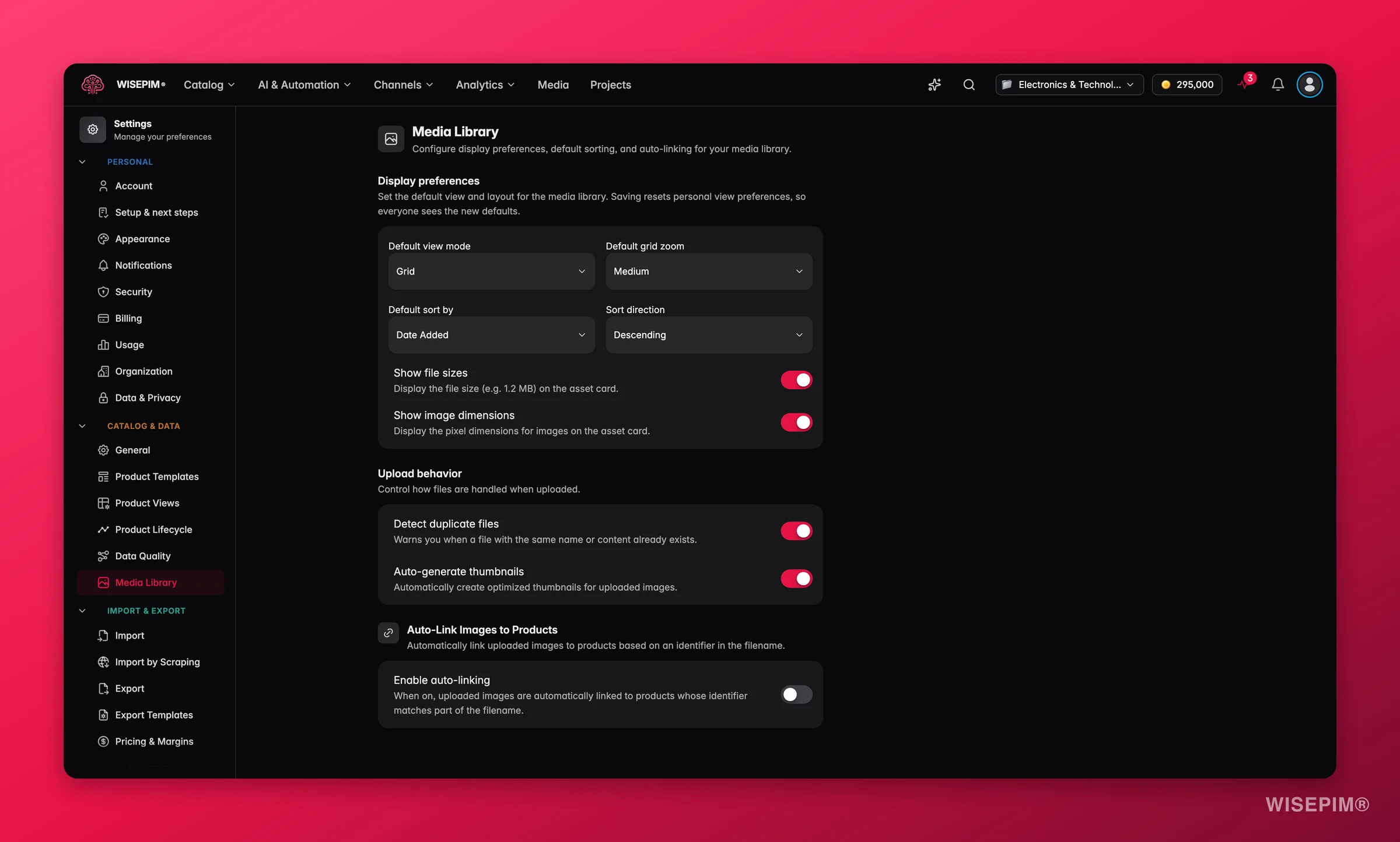 WISEPIM media library settings with display preferences, default sorting and auto-linking