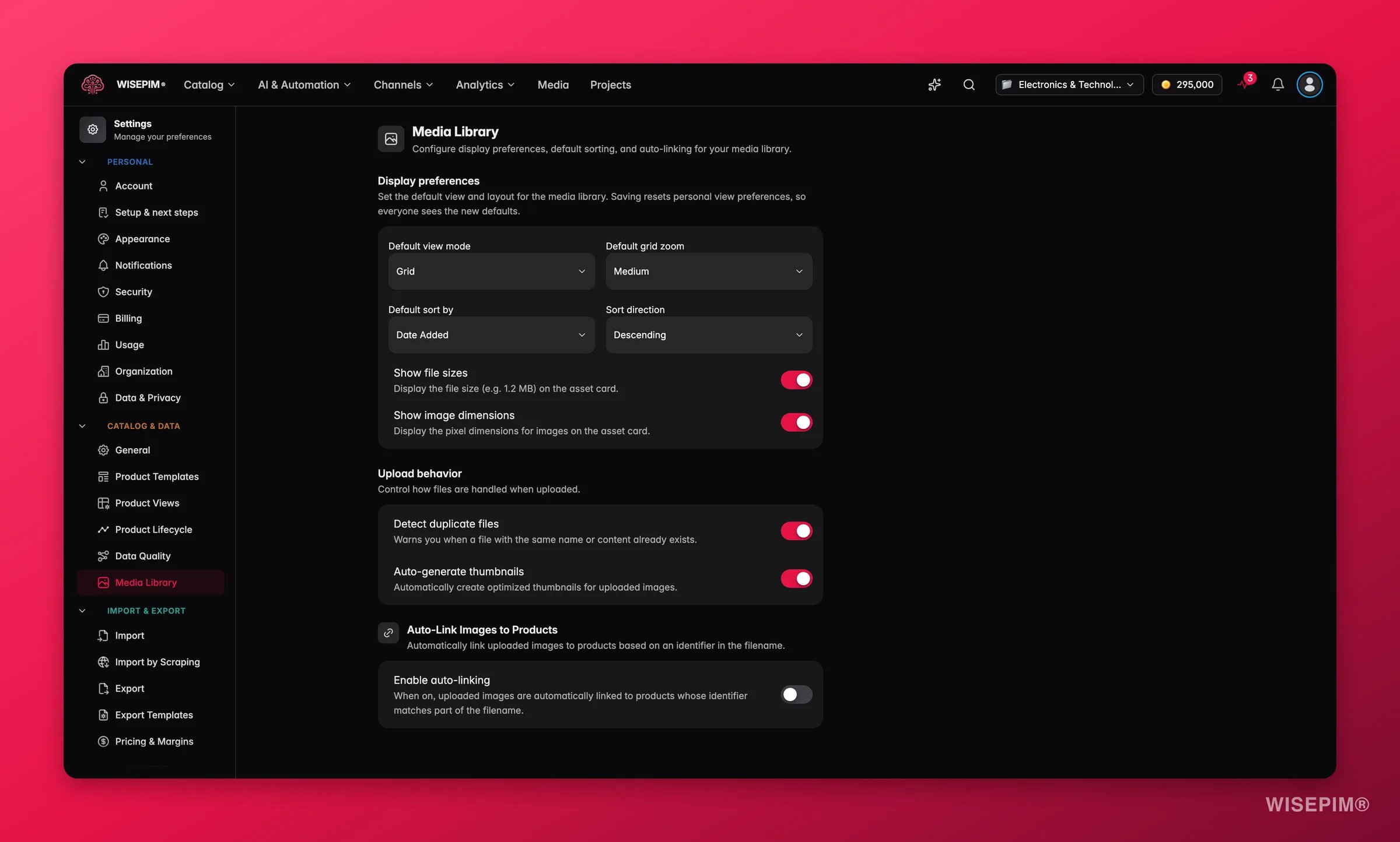 WISEPIM media library settings with display preferences, default sorting and auto-linking