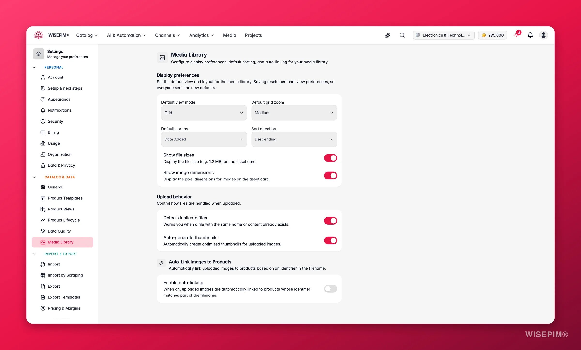 WISEPIM media library settings with display preferences, default sorting and auto-linking