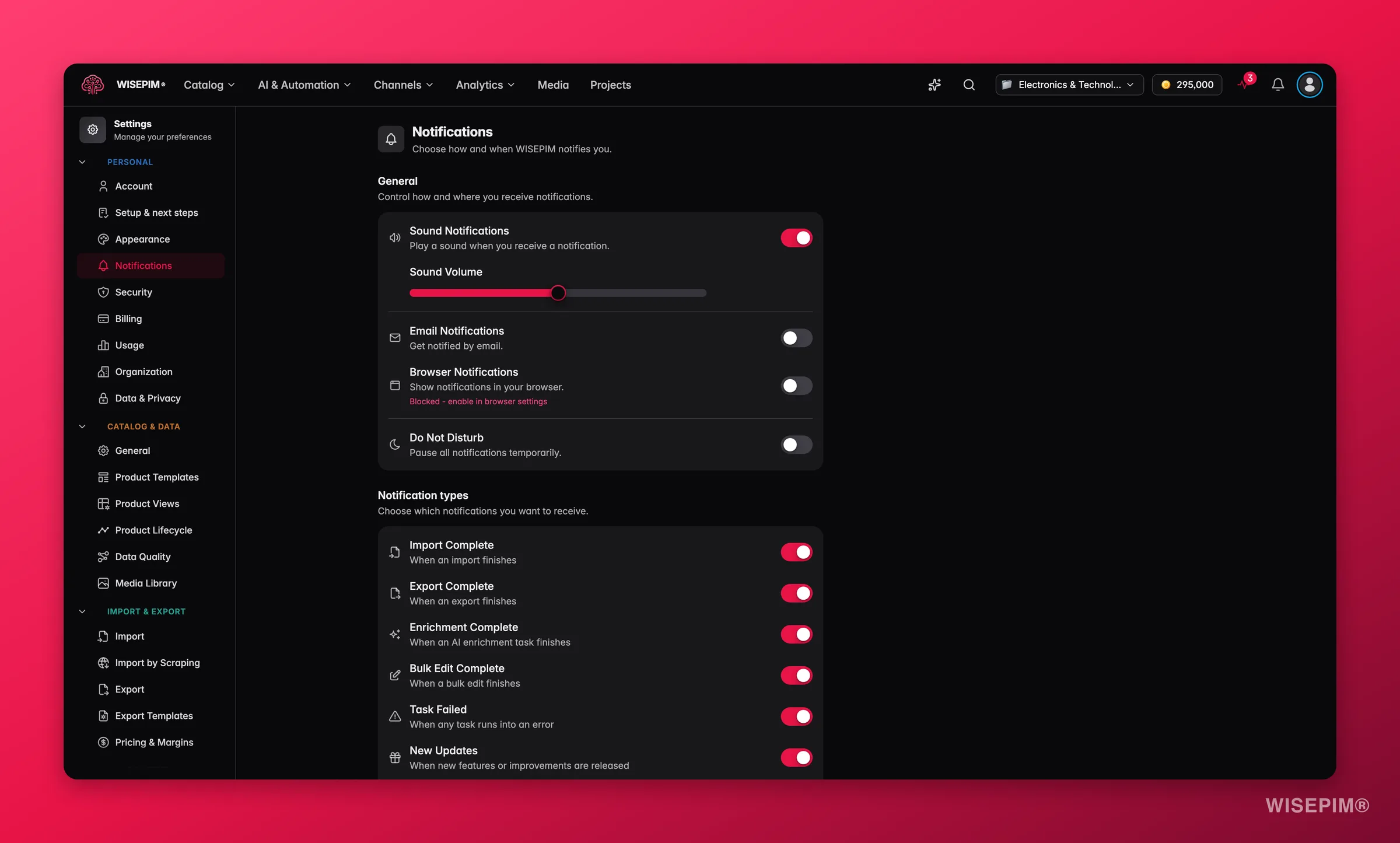 WISEPIM notification preferences across channels