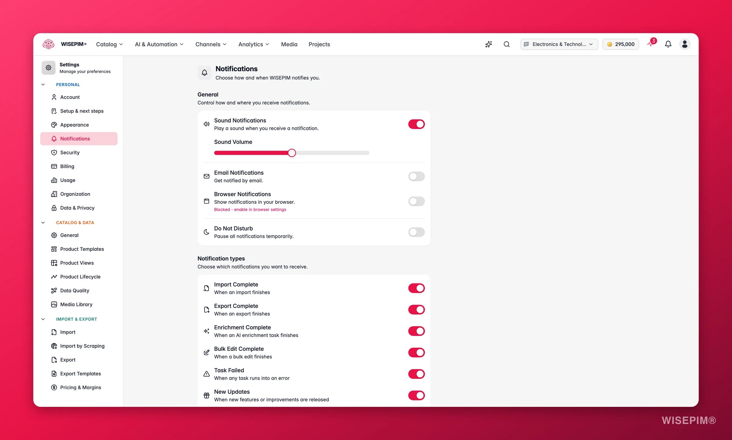 WISEPIM notification preferences across channels