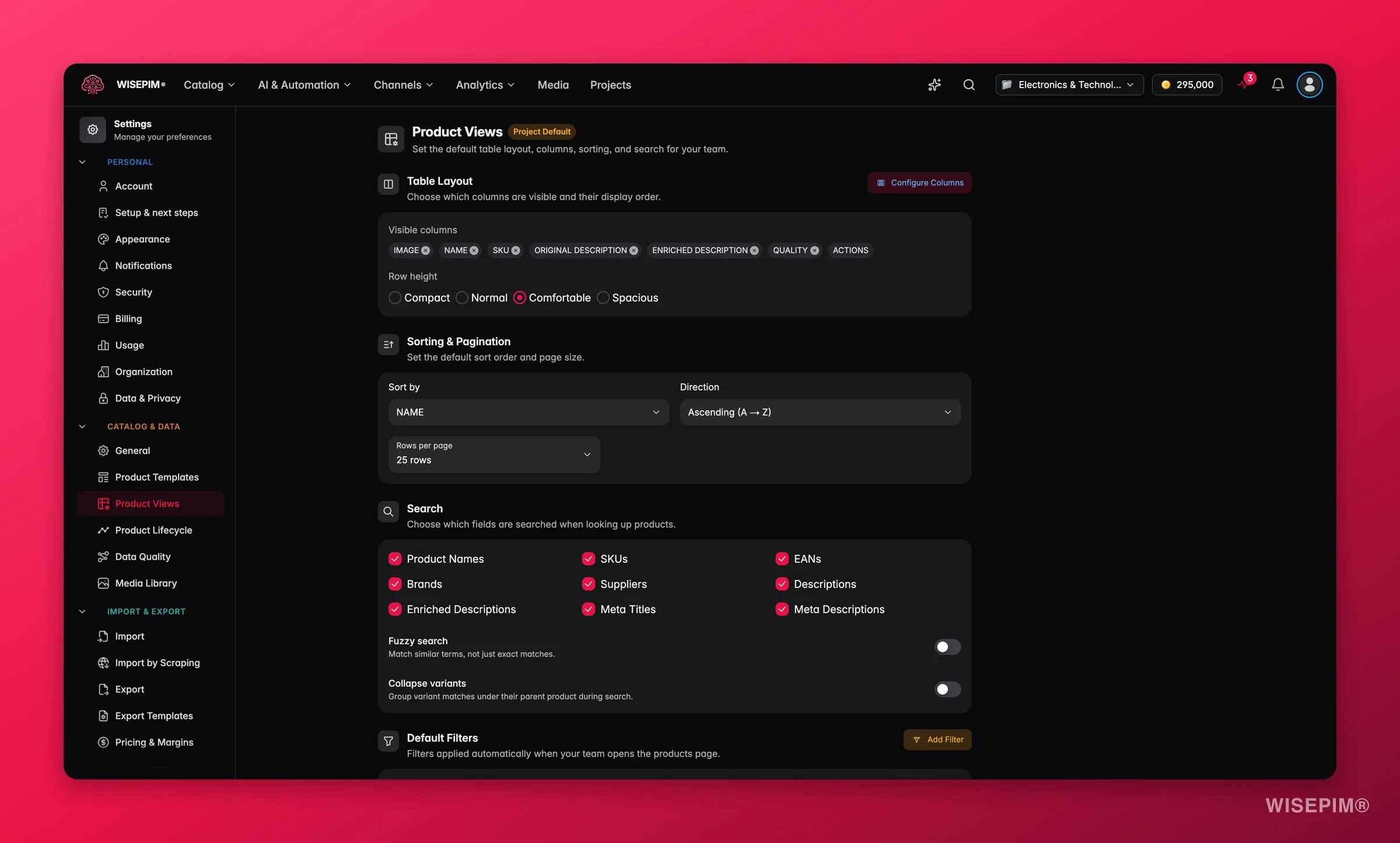 WISEPIM product view settings with default columns and layout