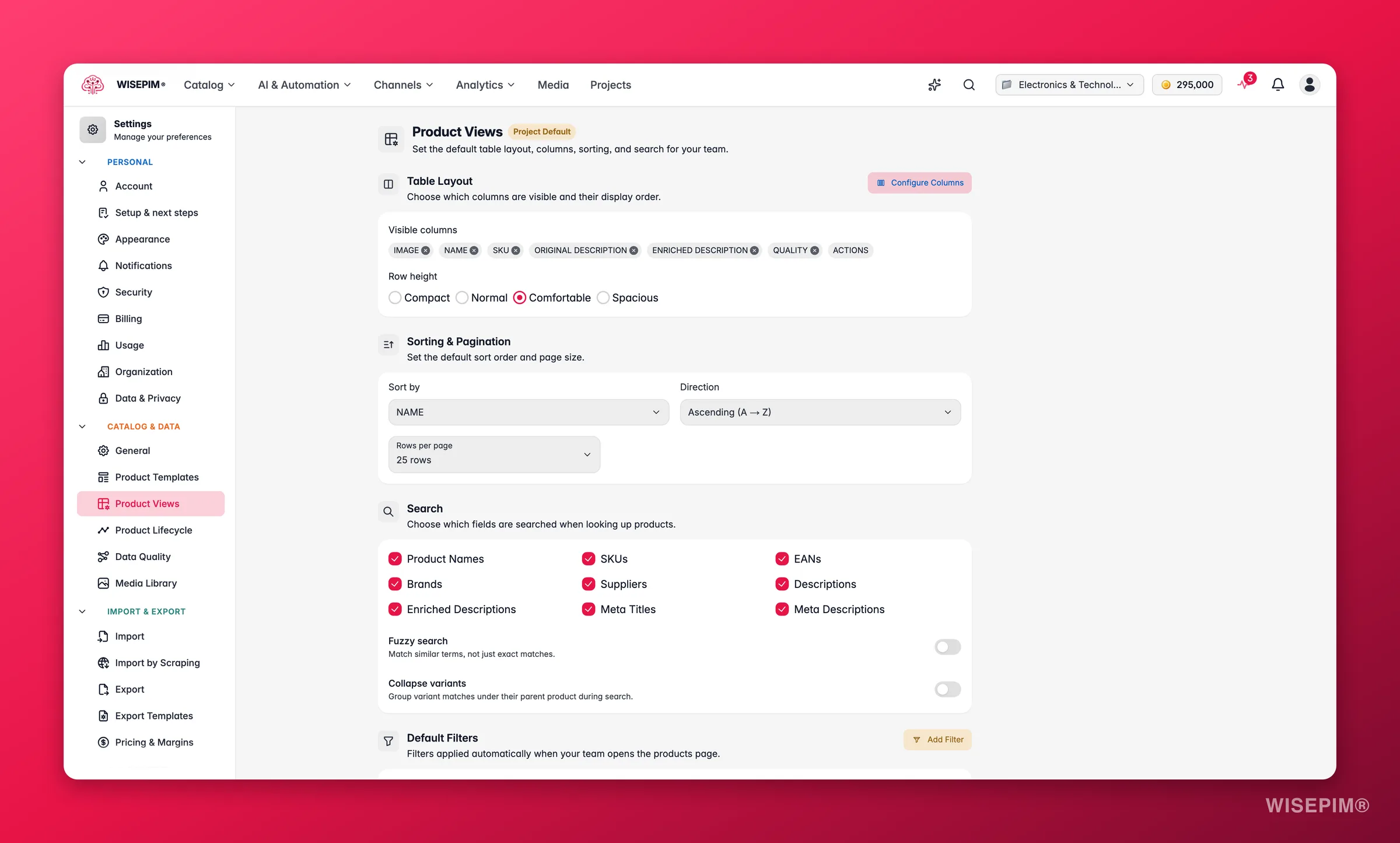WISEPIM product view settings with default columns and layout