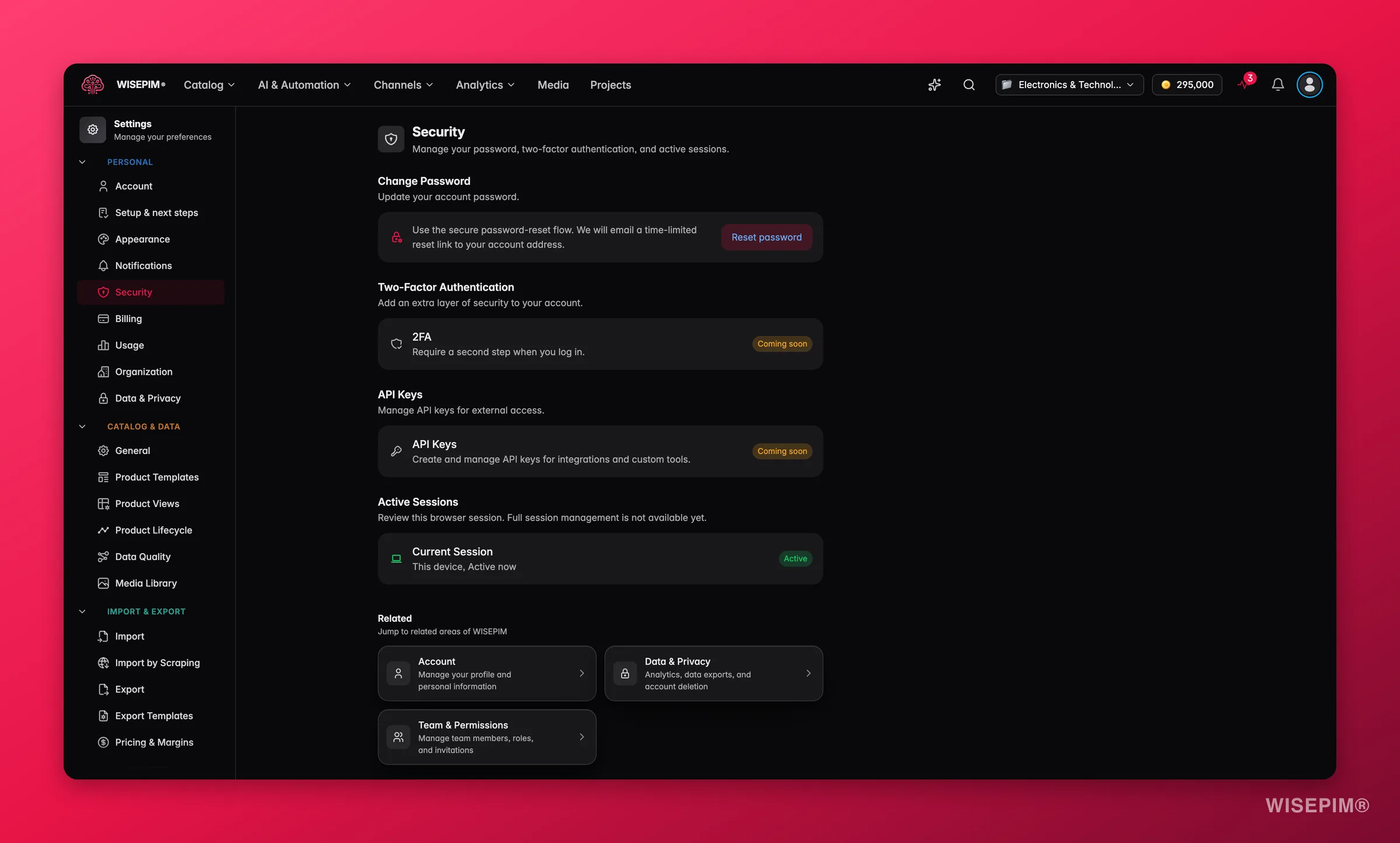 WISEPIM security settings, password, two-factor authentication, API keys and active sessions
