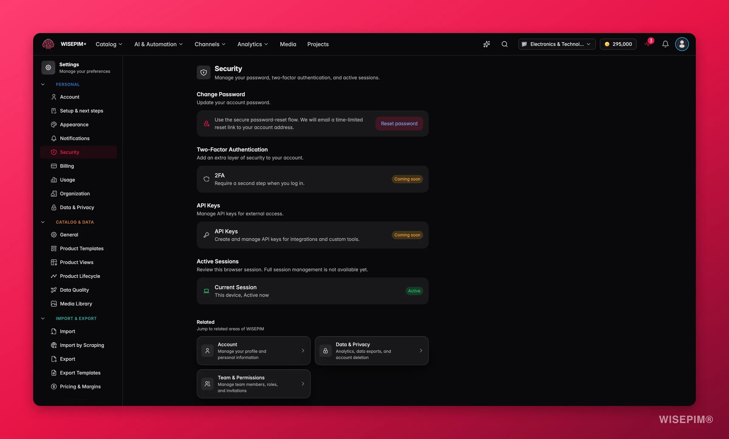 WISEPIM security settings, password, two-factor authentication, API keys and active sessions
