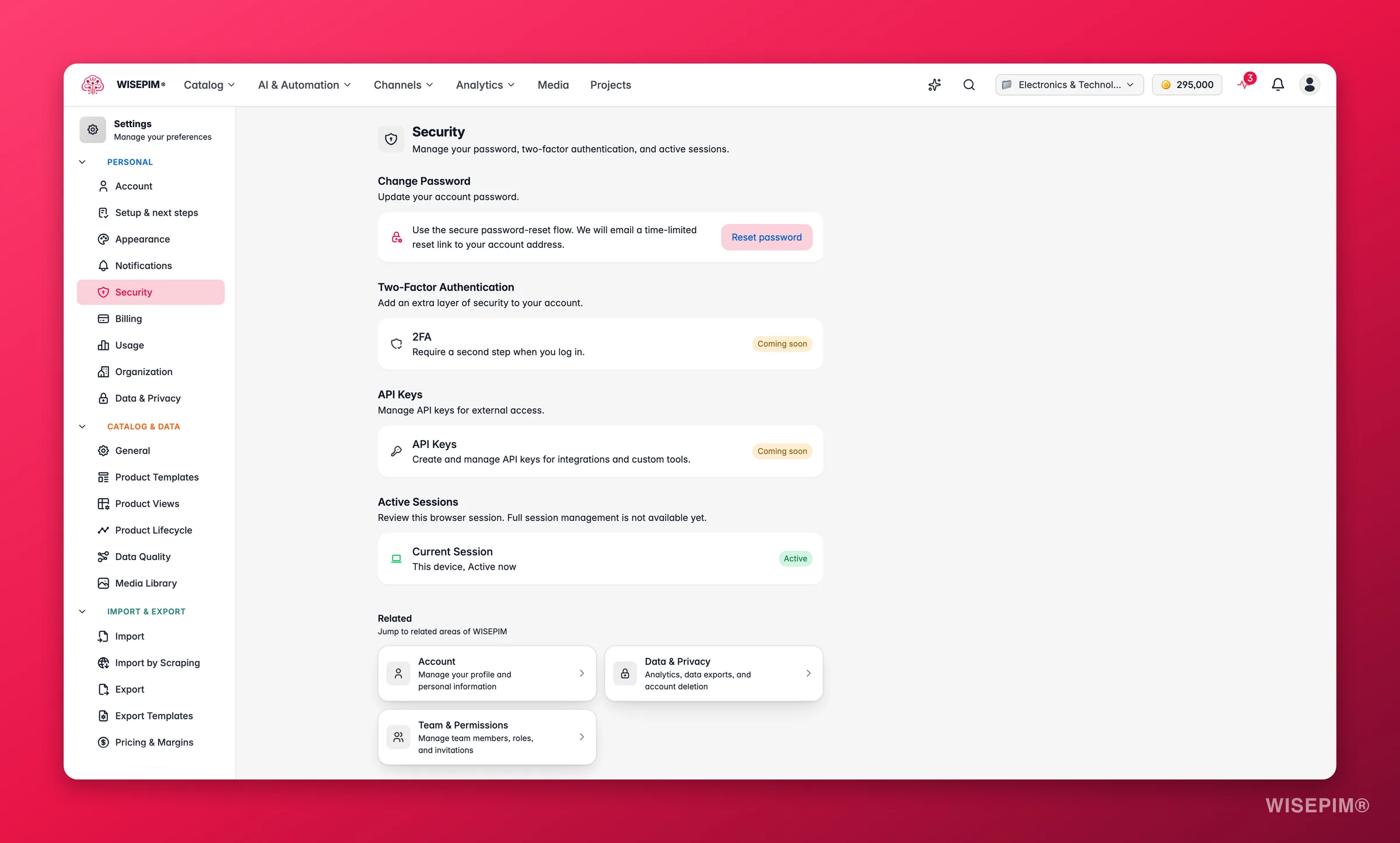 WISEPIM security settings, password, two-factor authentication, API keys and active sessions
