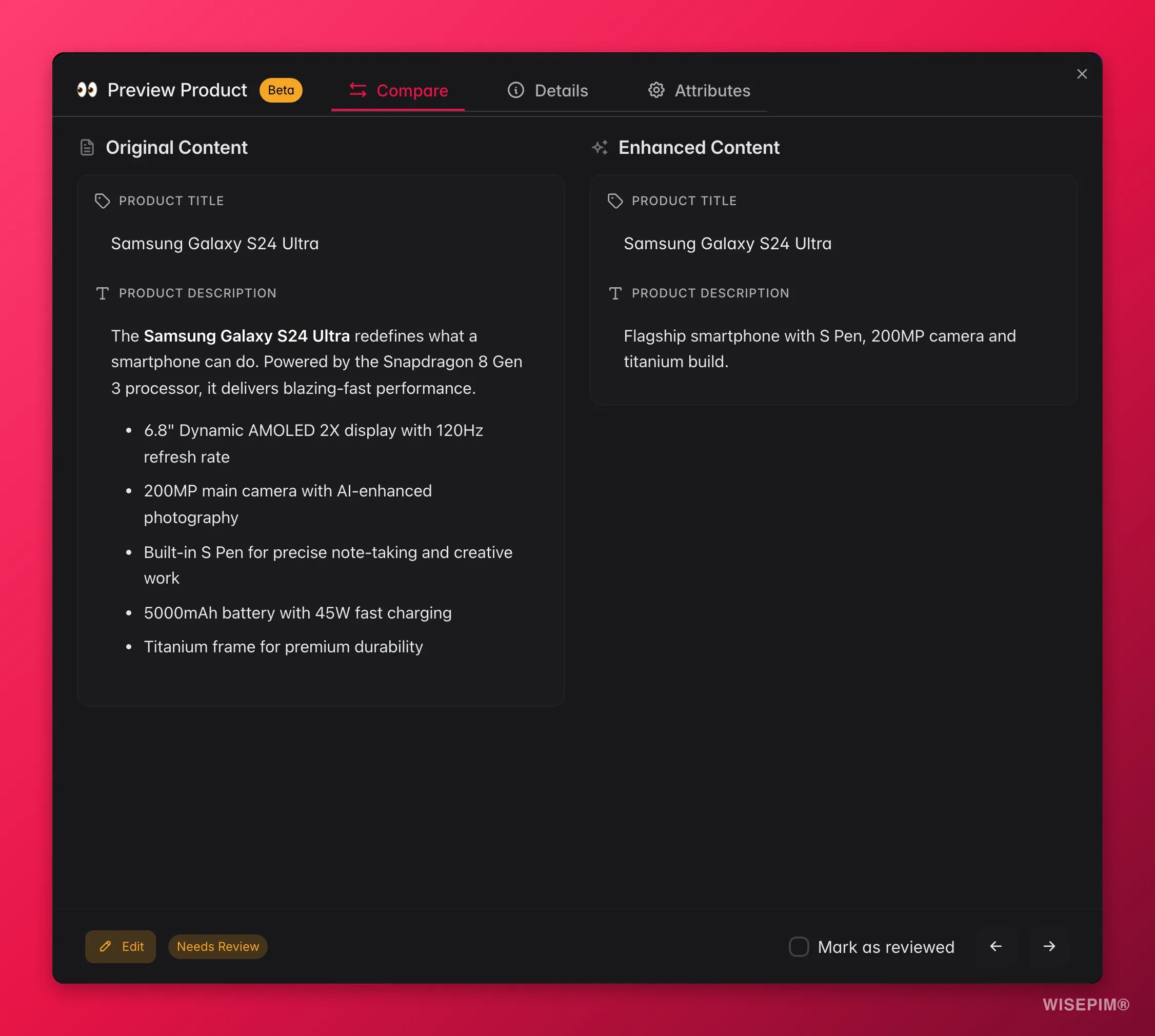 WISEPIM product preview comparing original and AI-enhanced content side by side