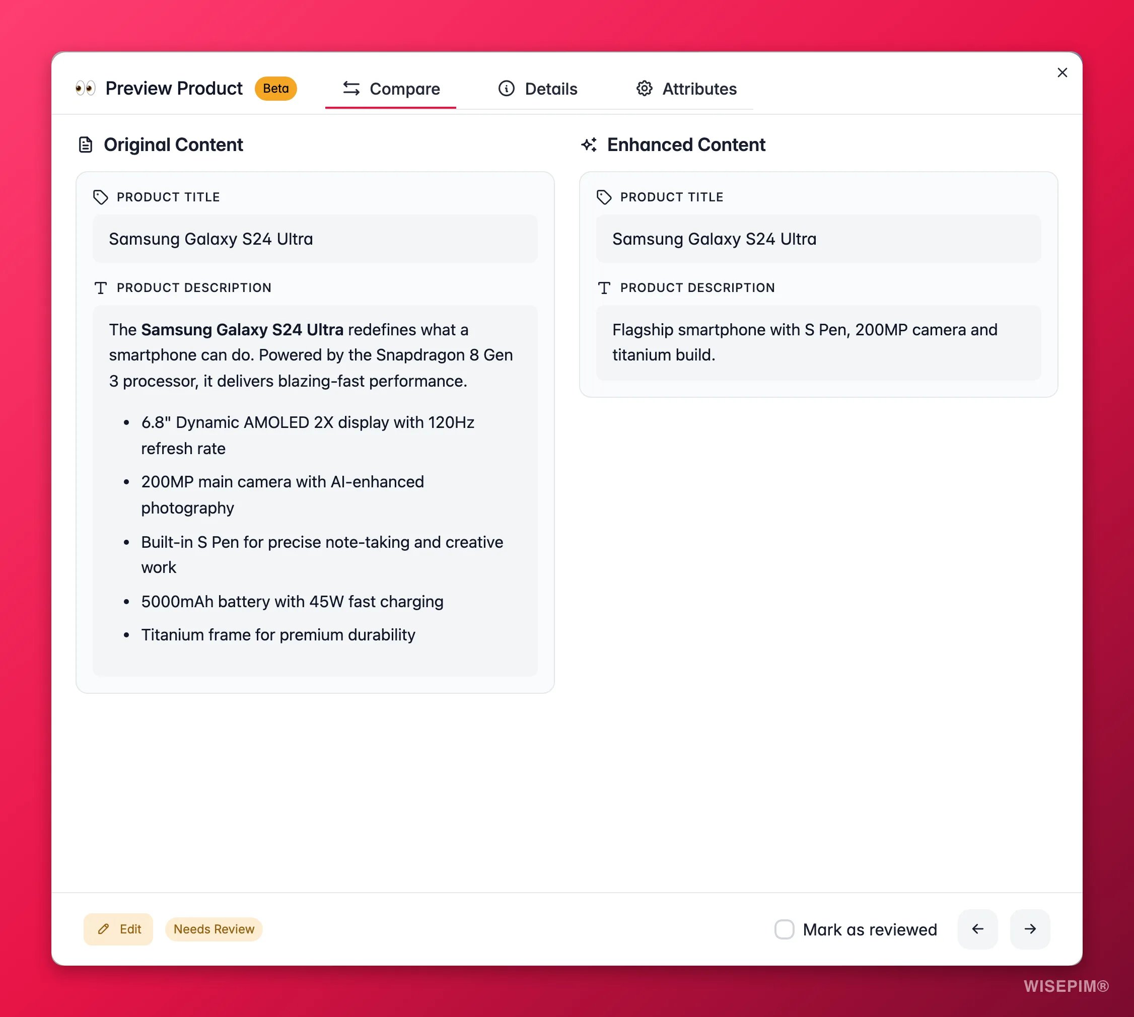 WISEPIM product preview comparing original and AI-enhanced content side by side