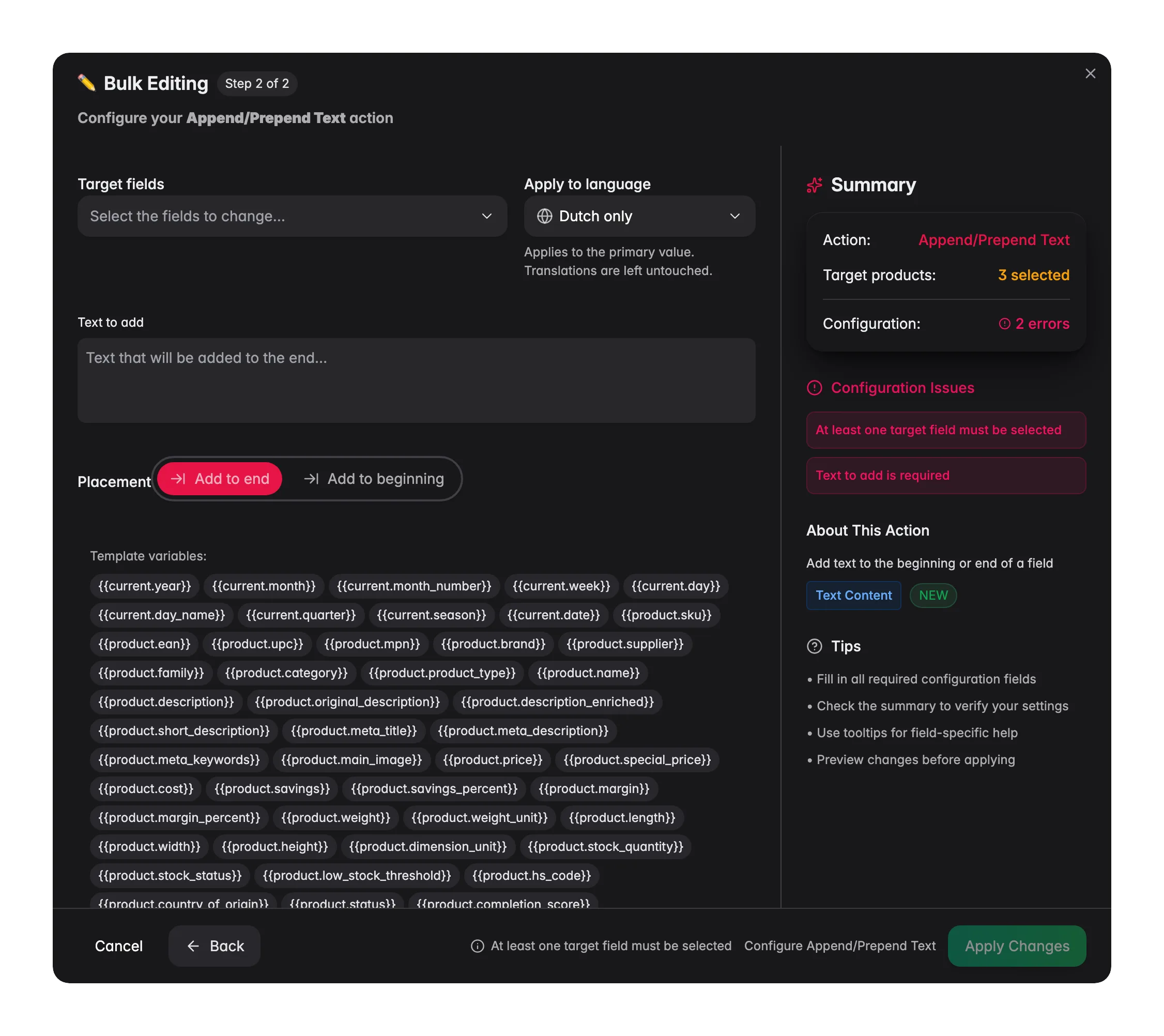 Bulk editing, Append/Prepend Text across many products at once in WISEPIM