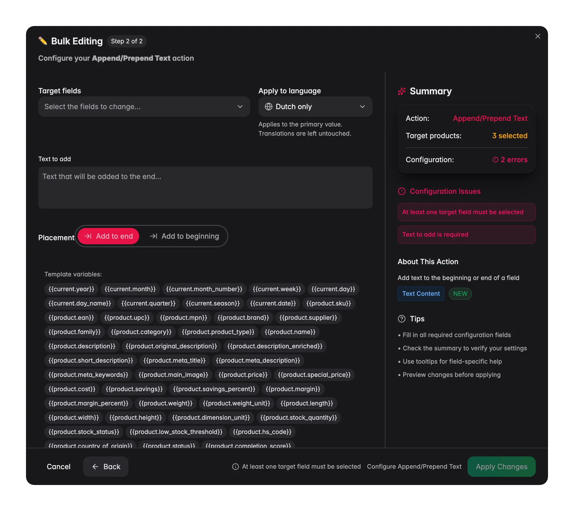 Bulk editing, Append/Prepend Text across many products at once in WISEPIM