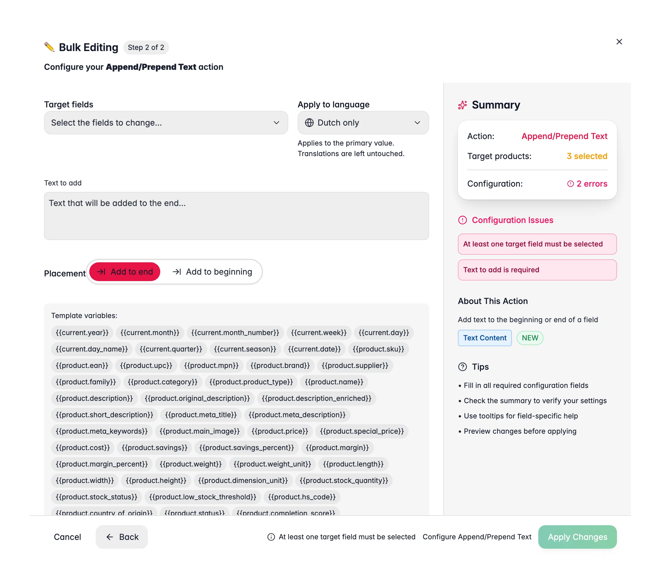 Bulk editing, Append/Prepend Text across many products at once in WISEPIM