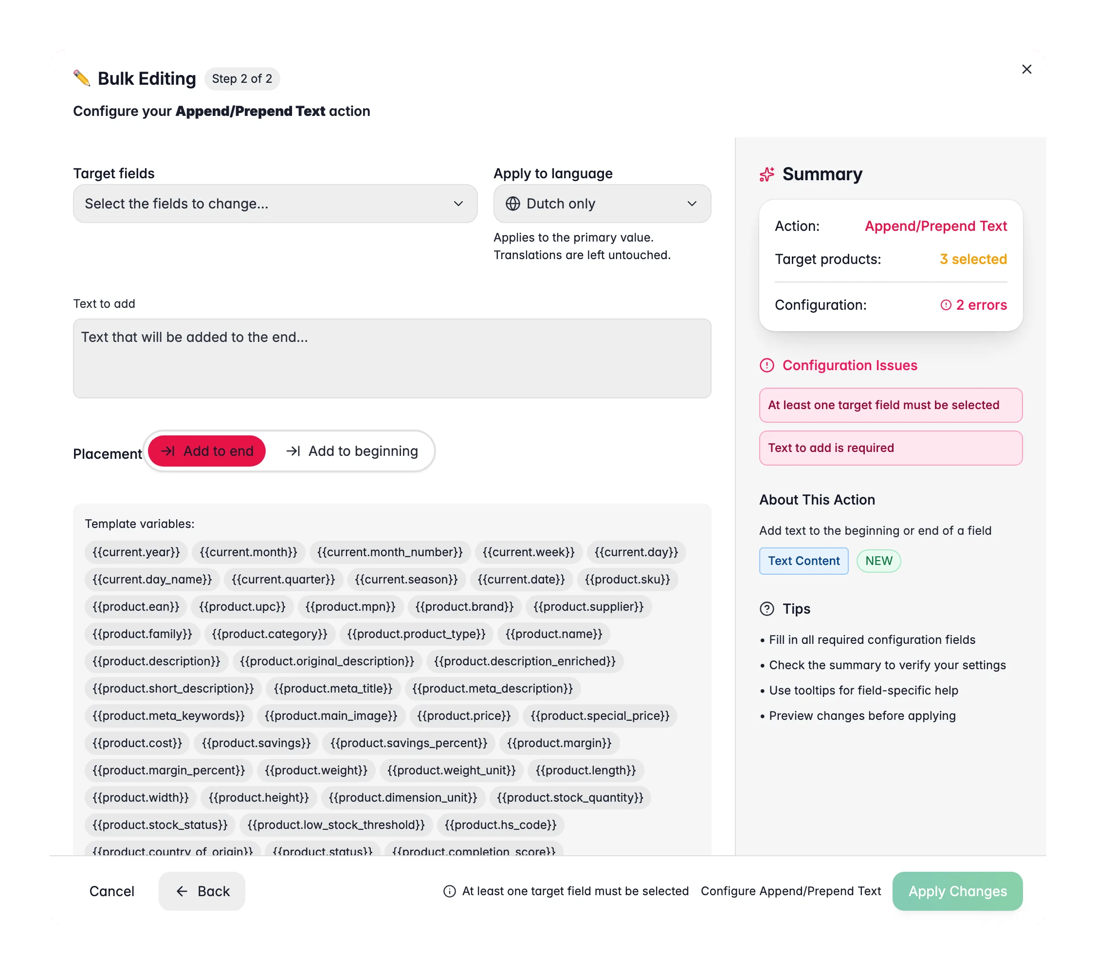 Bulk editing, Append/Prepend Text across many products at once in WISEPIM