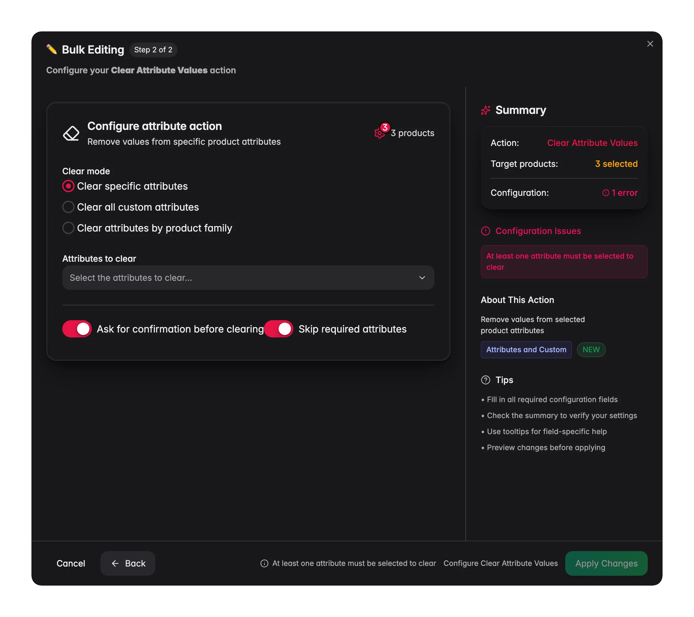 Bulk editing, Clear Attribute Values across many products at once in WISEPIM