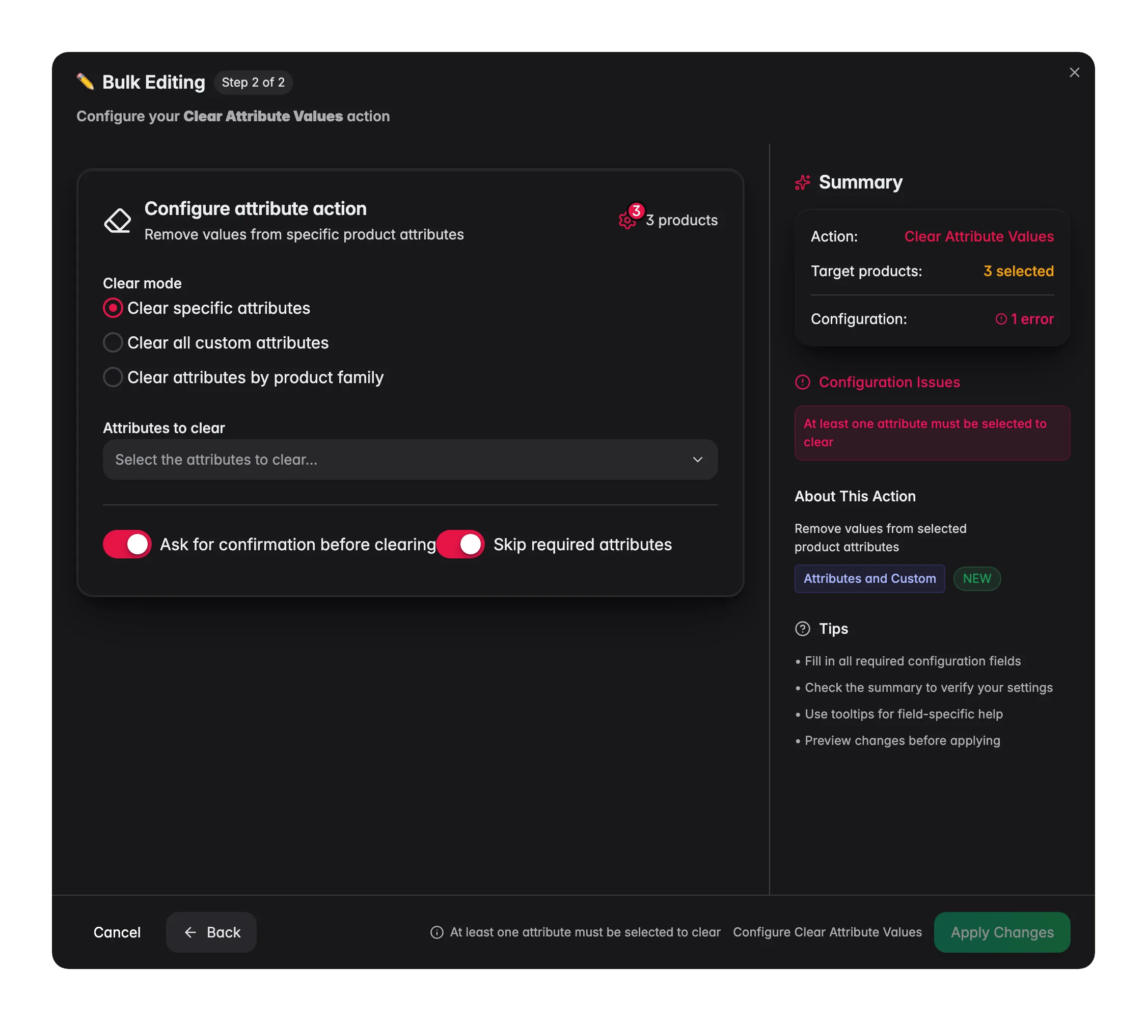 Bulk editing, Clear Attribute Values across many products at once in WISEPIM