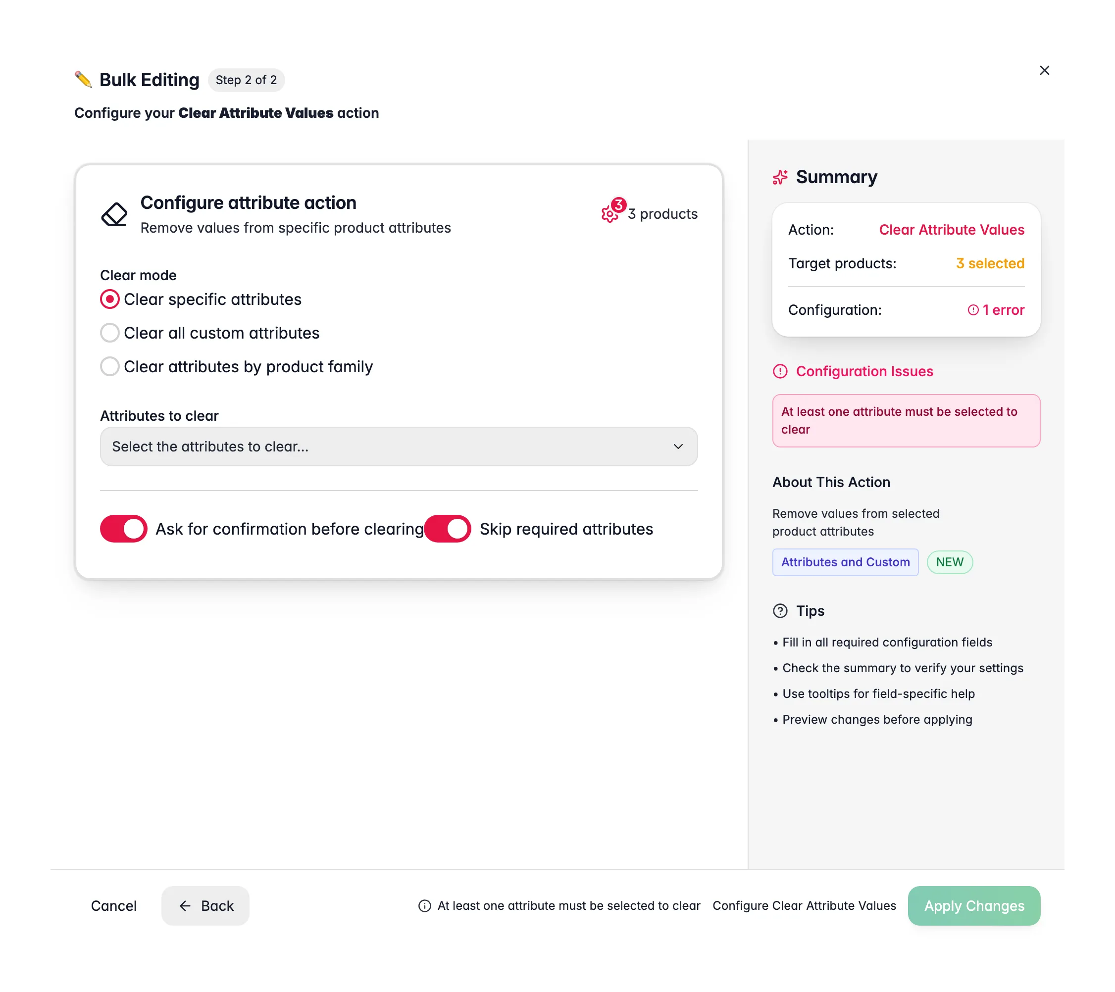 Bulk editing, Clear Attribute Values across many products at once in WISEPIM