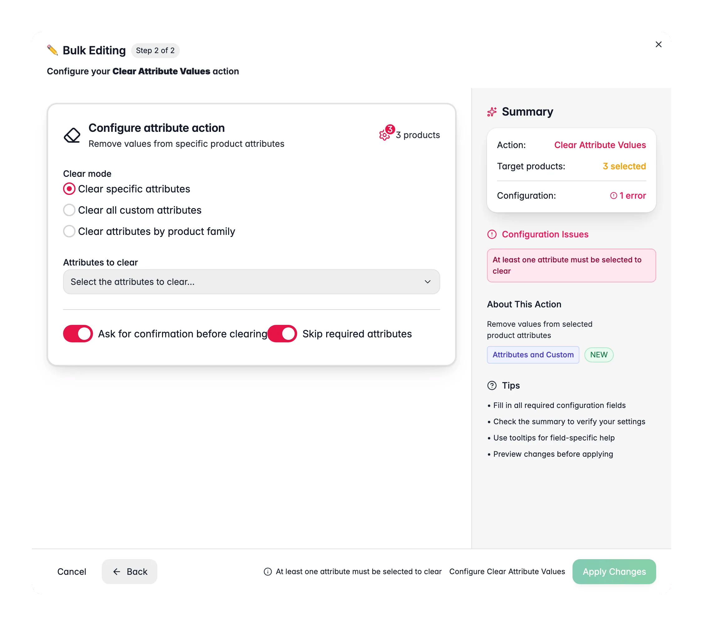 Bulk editing, Clear Attribute Values across many products at once in WISEPIM