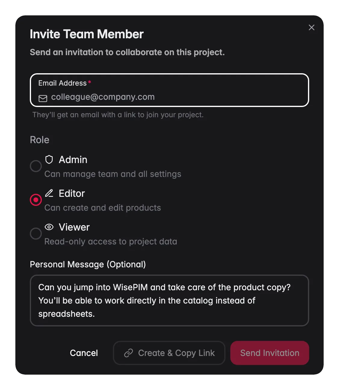 WISEPIM invite team member modal with role presets and Admin/Editor/Viewer access levels