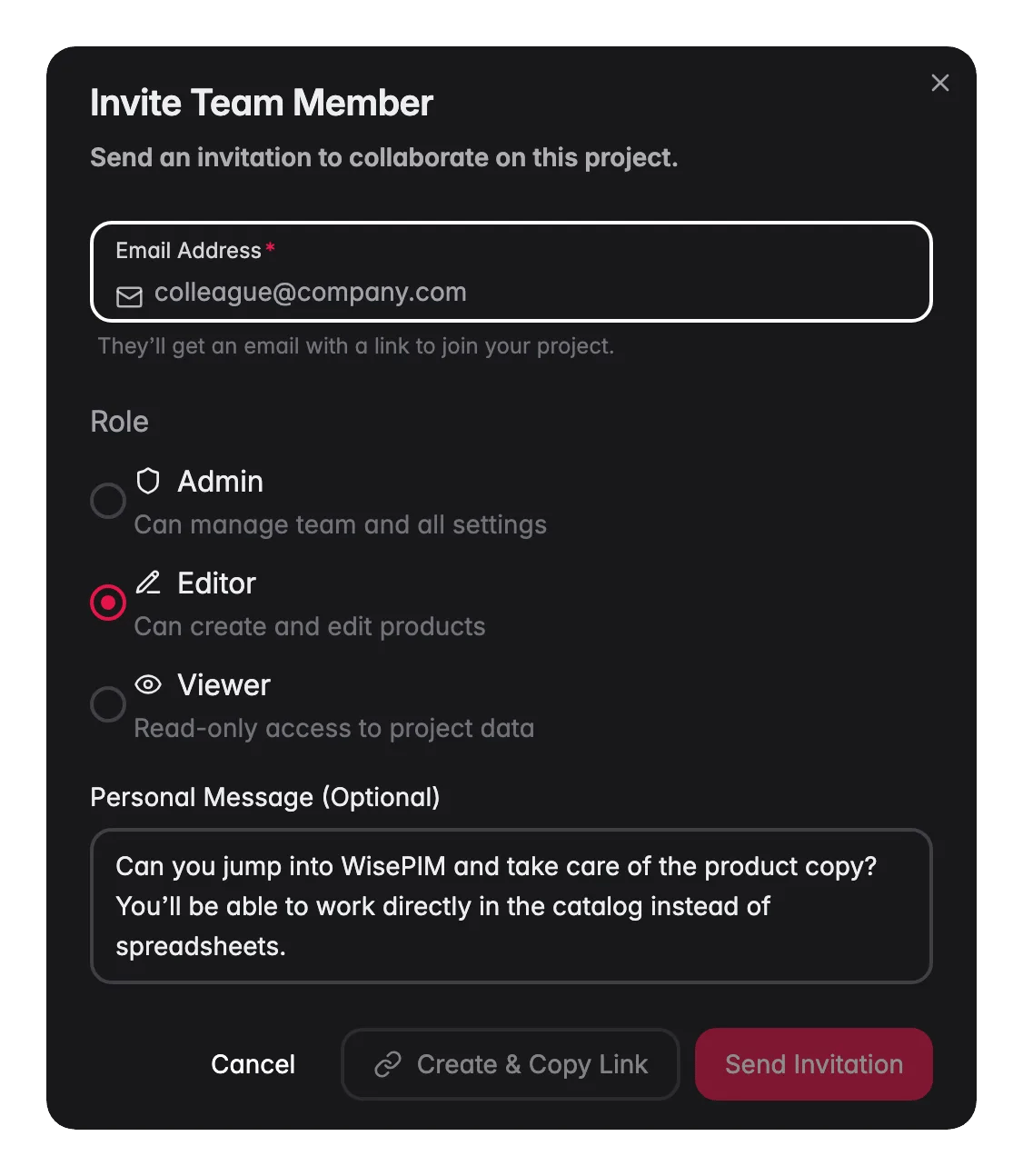 WISEPIM invite team member modal with role presets and Admin/Editor/Viewer access levels