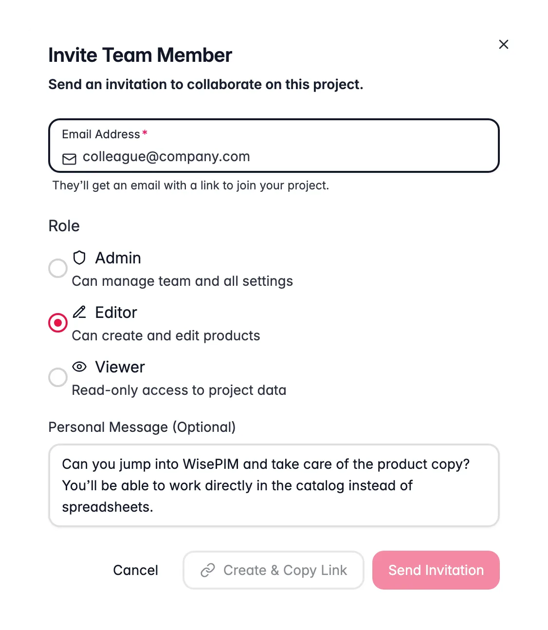 WISEPIM invite team member modal with role presets and Admin/Editor/Viewer access levels