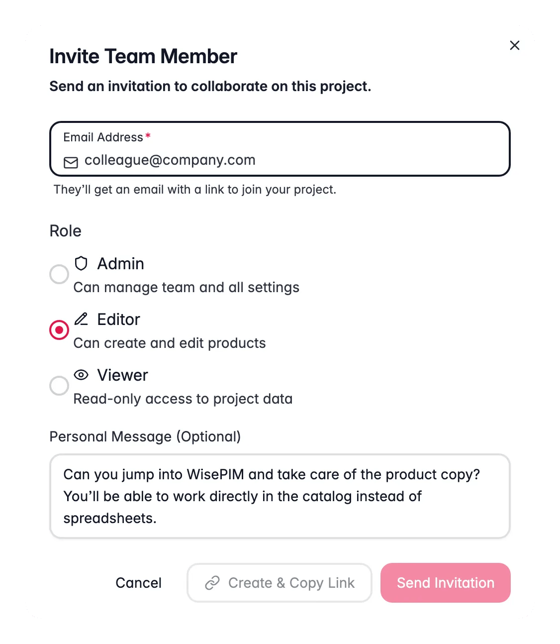 WISEPIM invite team member modal with role presets and Admin/Editor/Viewer access levels