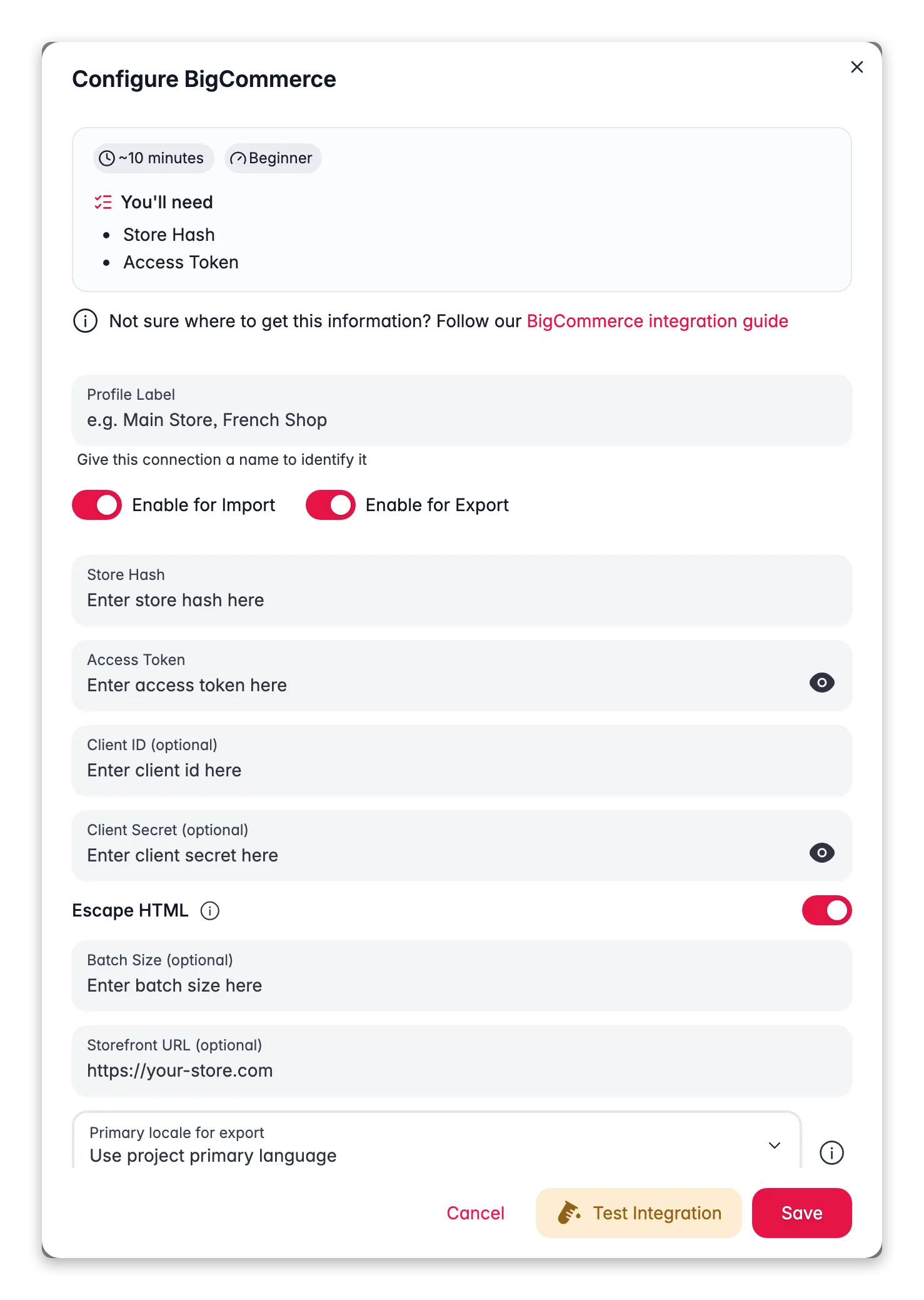 Connecting BigCommerce to WISEPIM, store hash, access token, locale mapping and a live connection test