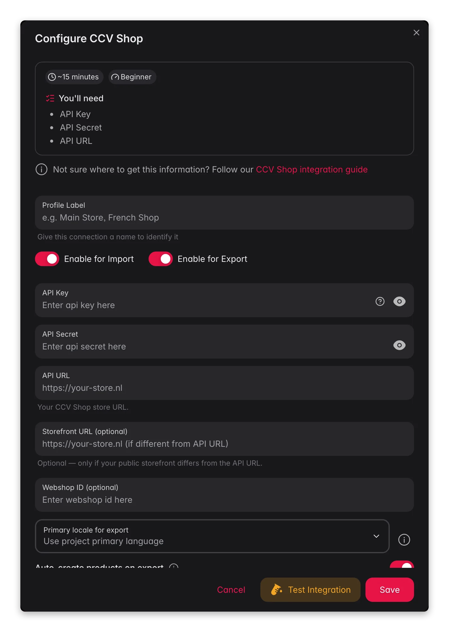 Connecting CCV Shop to WISEPIM, credentials, locale mapping and a live connection test