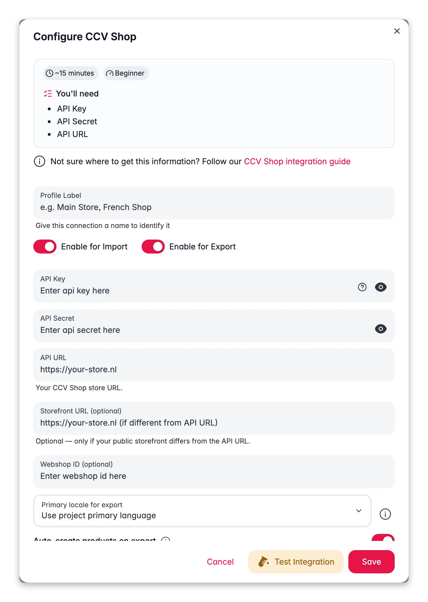 Connecting CCV Shop to WISEPIM, credentials, locale mapping and a live connection test