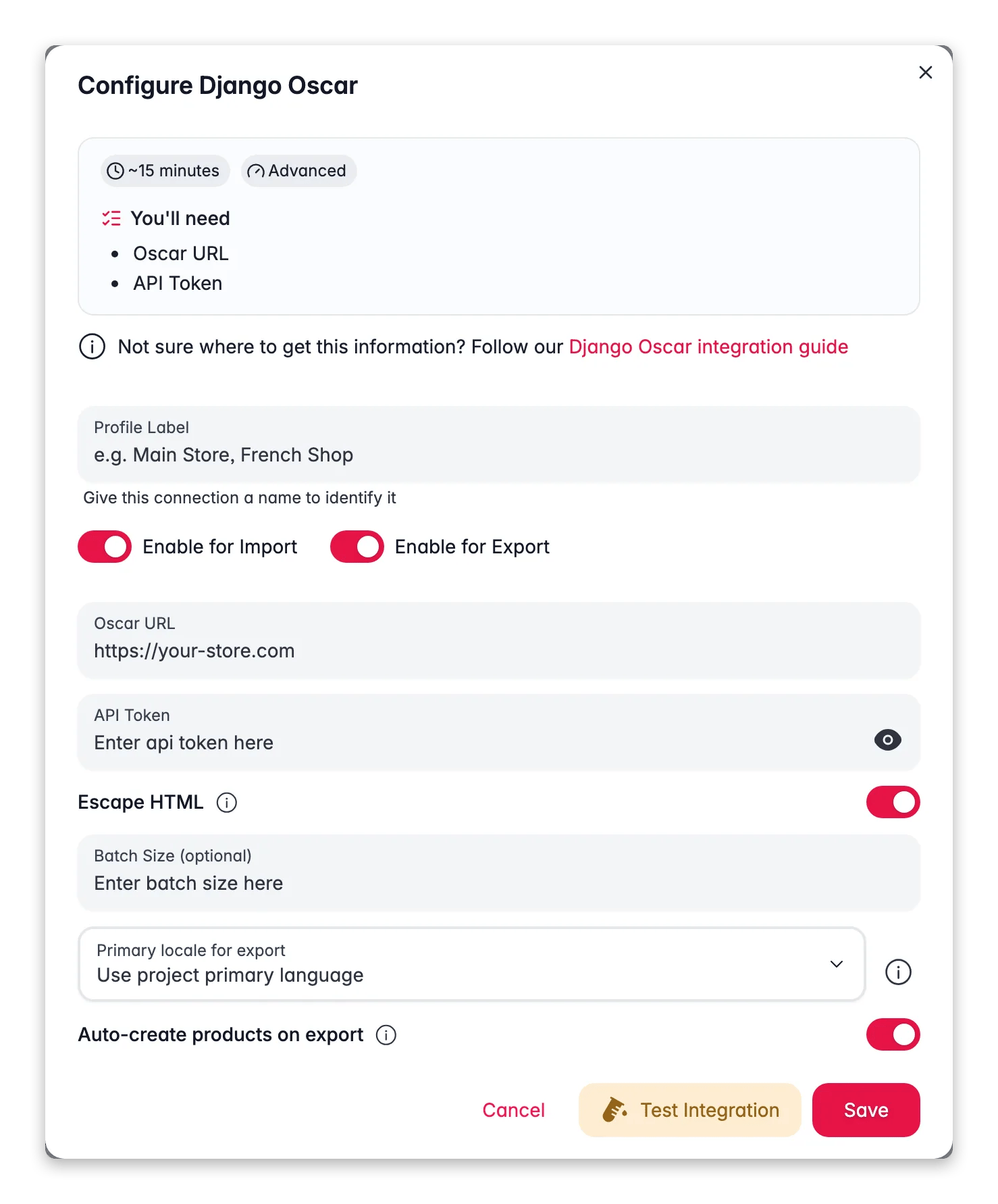 Connecting Django Oscar to WISEPIM, store URL, API token, locale mapping and a live connection test