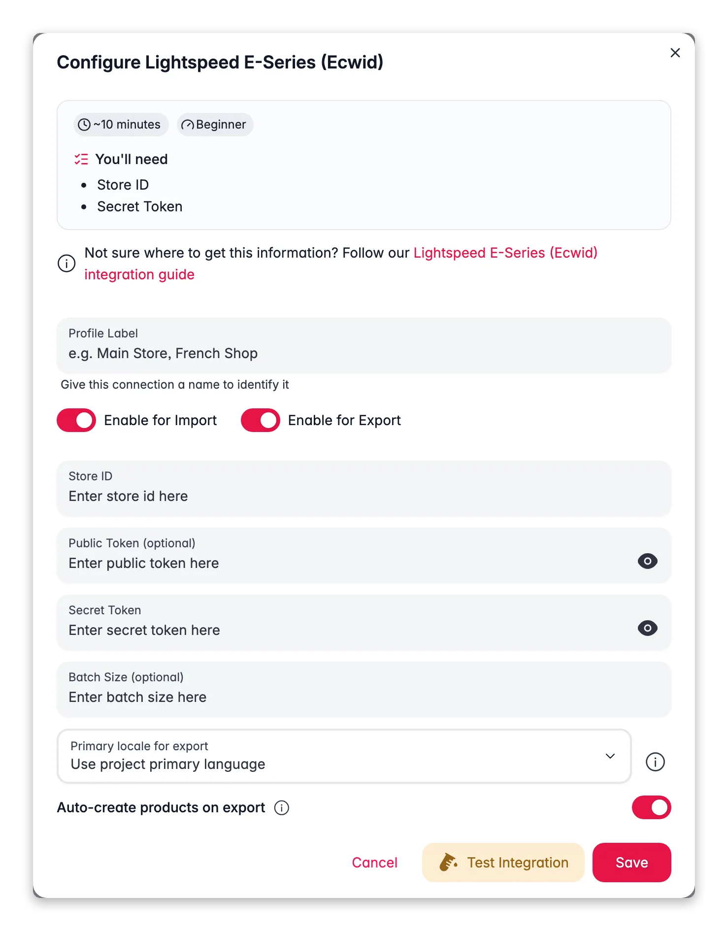 Connecting Lightspeed E-Series (Ecwid) to WISEPIM, credentials, locale mapping and a live connection test
