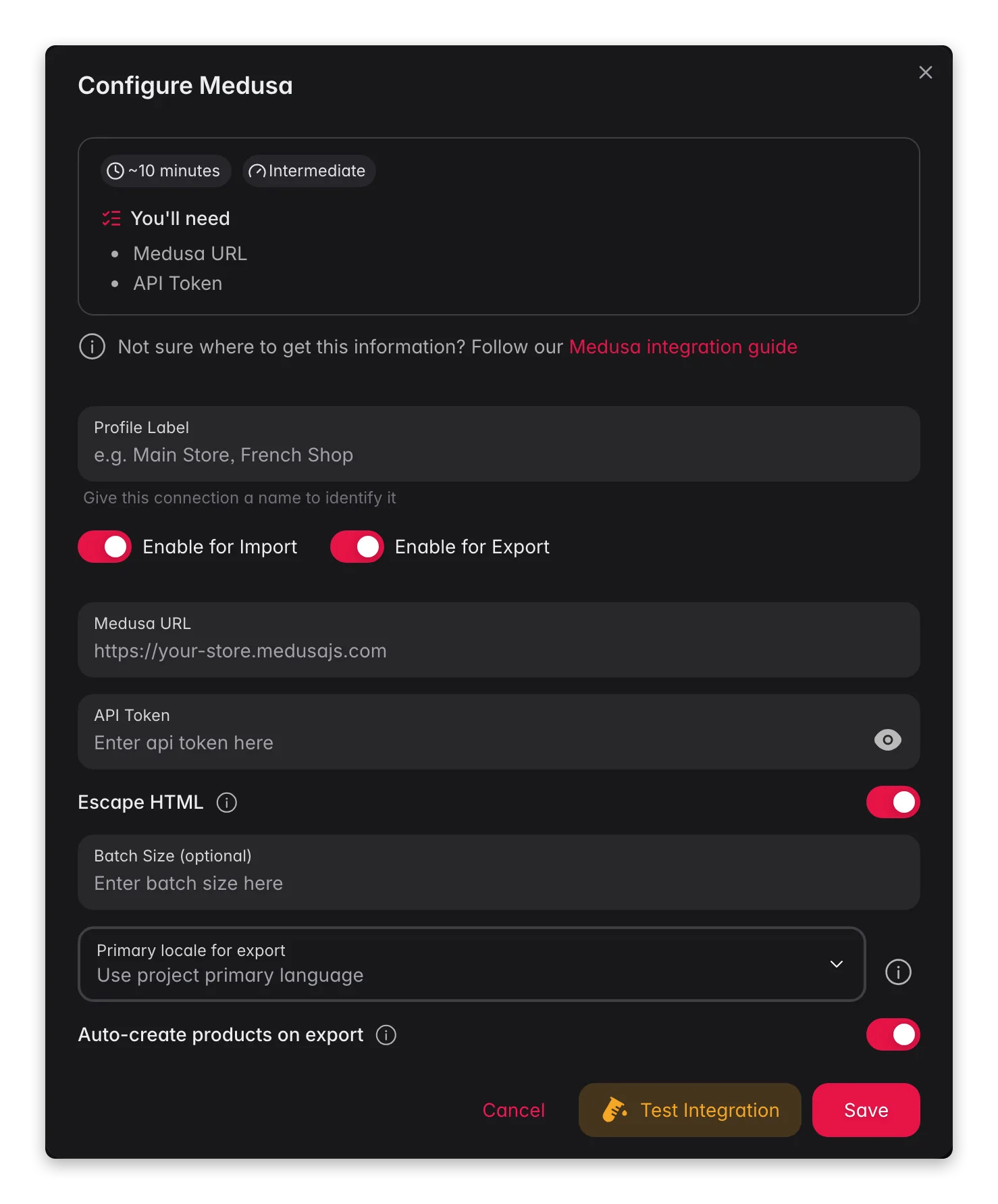 Connecting Medusa to WISEPIM, store URL, API token, locale mapping and a live connection test