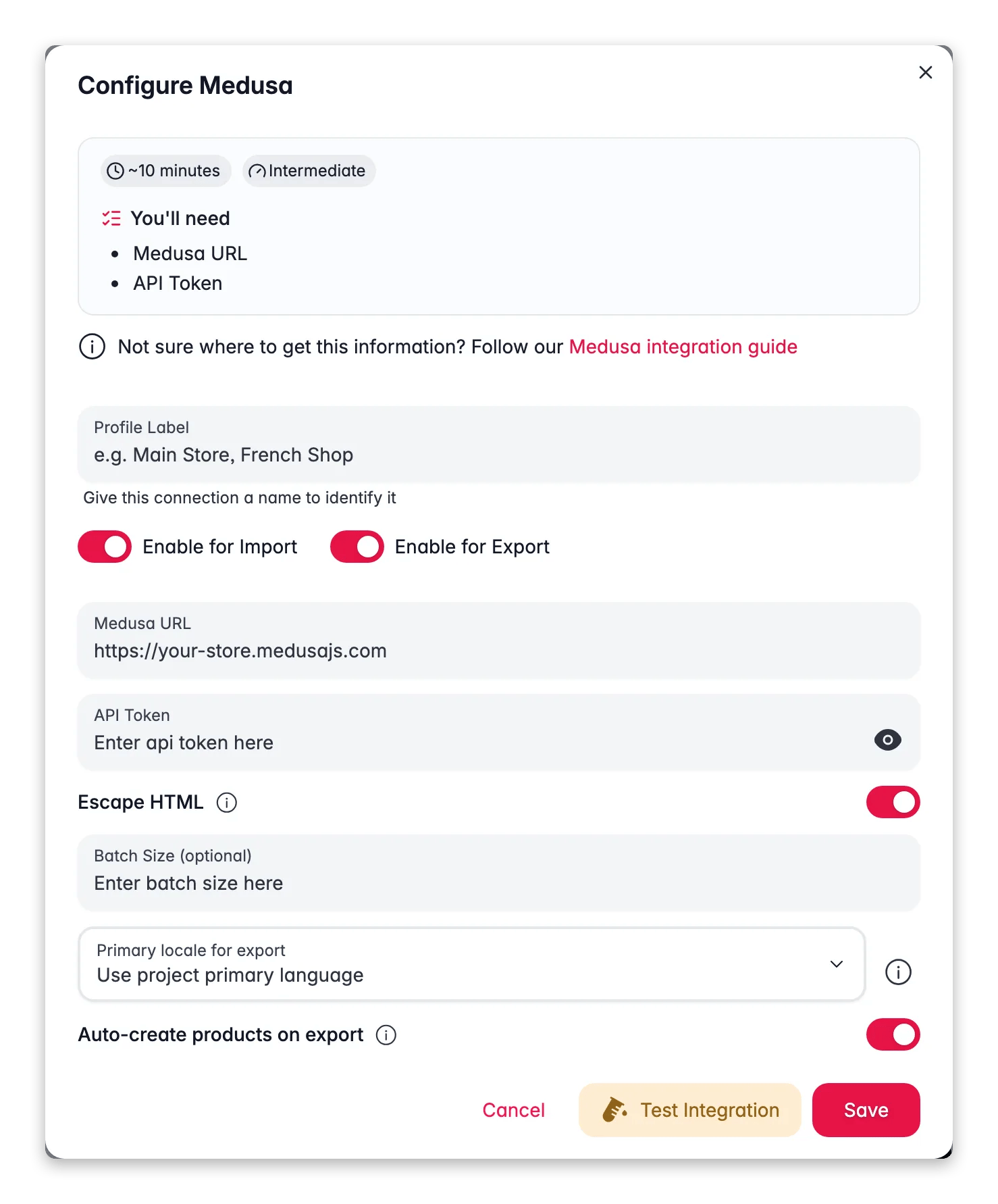 Connecting Medusa to WISEPIM, store URL, API token, locale mapping and a live connection test