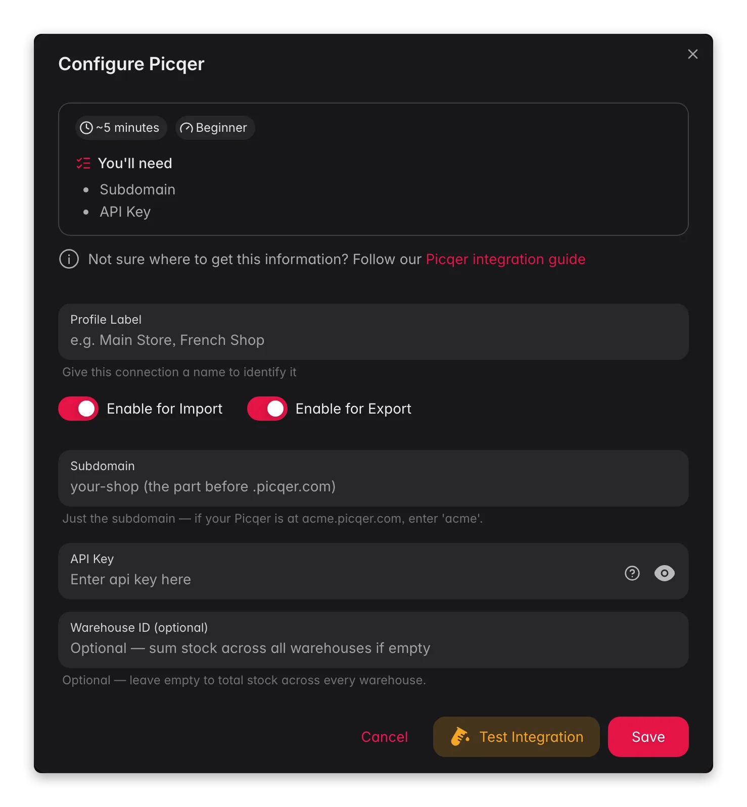 Connecting Picqer to WISEPIM, subdomain, API key, warehouse ID and a live connection test