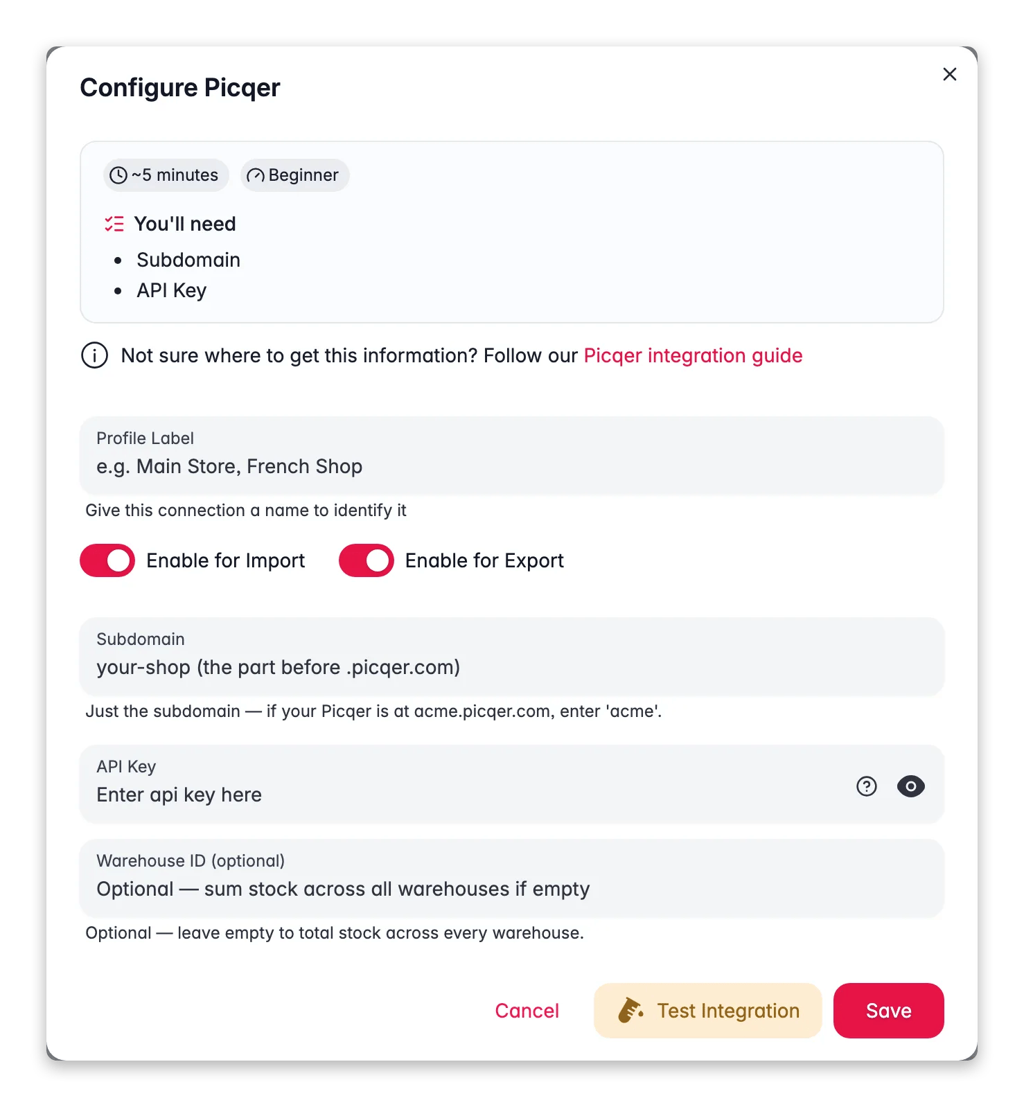 Connecting Picqer to WISEPIM, subdomain, API key, warehouse ID and a live connection test