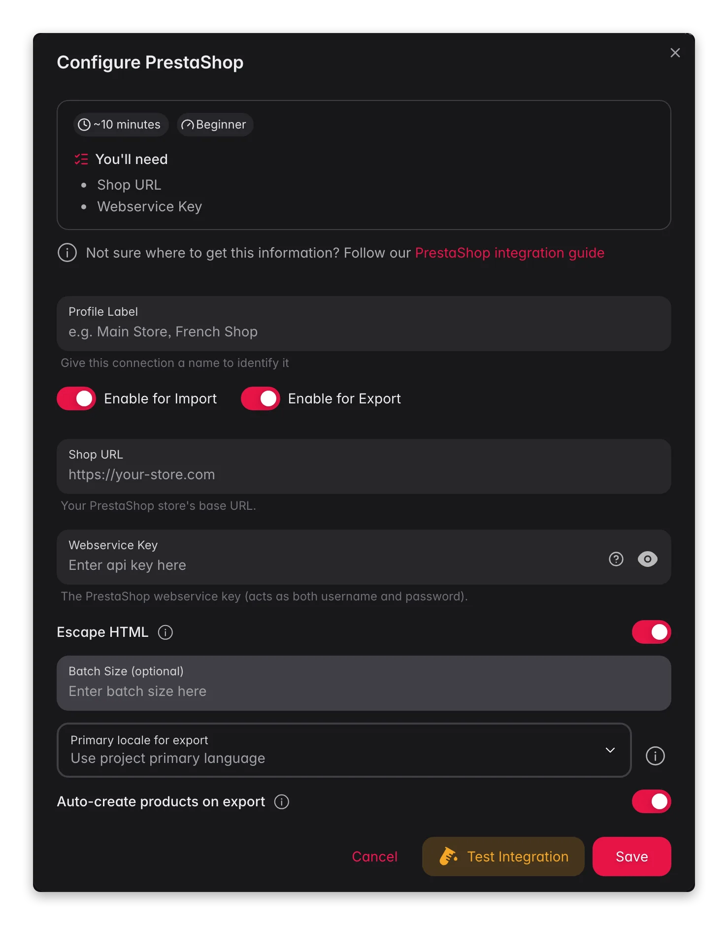 Connecting PrestaShop to WISEPIM, shop URL, webservice key, locale mapping and a live connection test