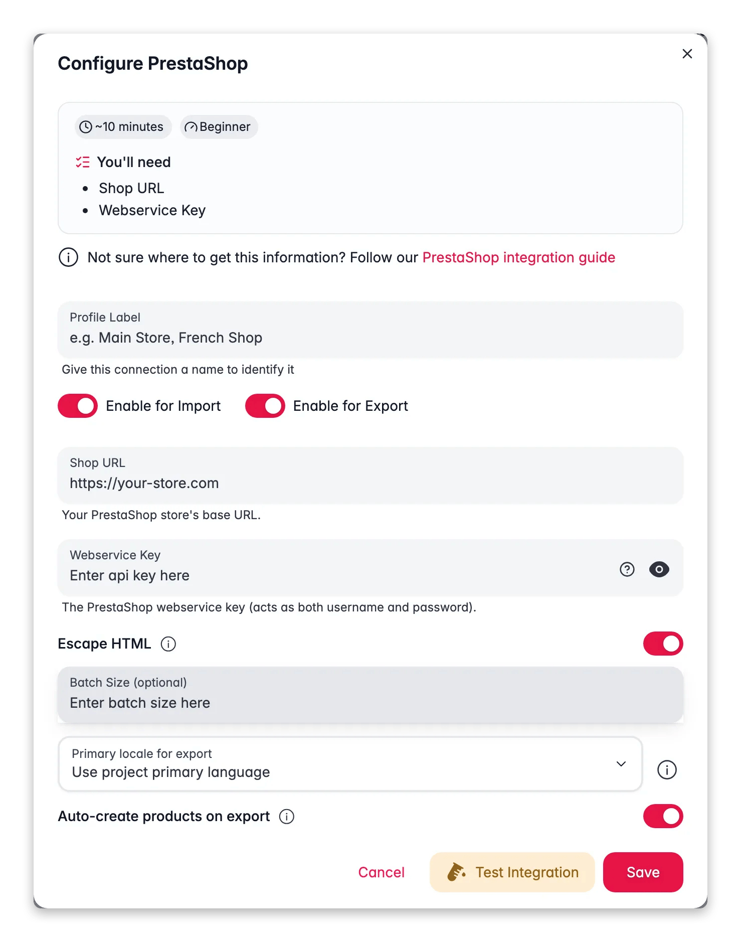 Connecting PrestaShop to WISEPIM, shop URL, webservice key, locale mapping and a live connection test