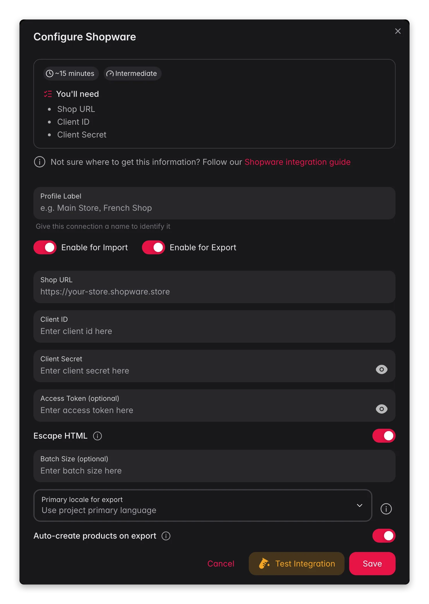 Connecting Shopware to WISEPIM, shop URL, client credentials, locale mapping and a live connection test