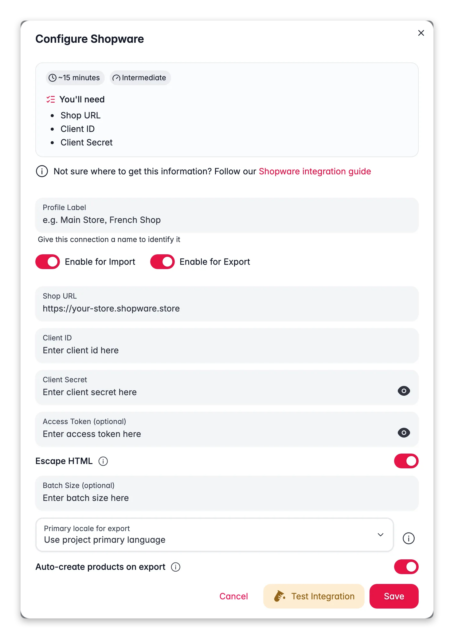 Connecting Shopware to WISEPIM, shop URL, client credentials, locale mapping and a live connection test