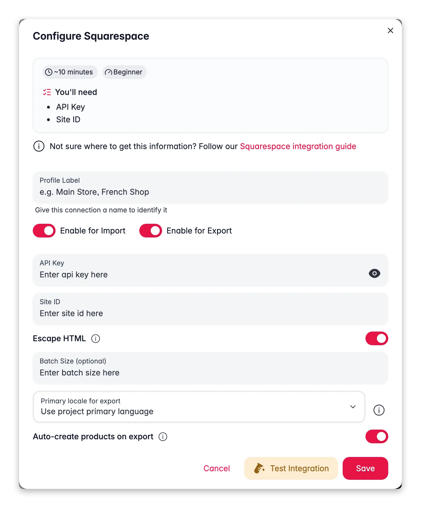 Connecting Squarespace to WISEPIM, API key, site ID and a live connection test