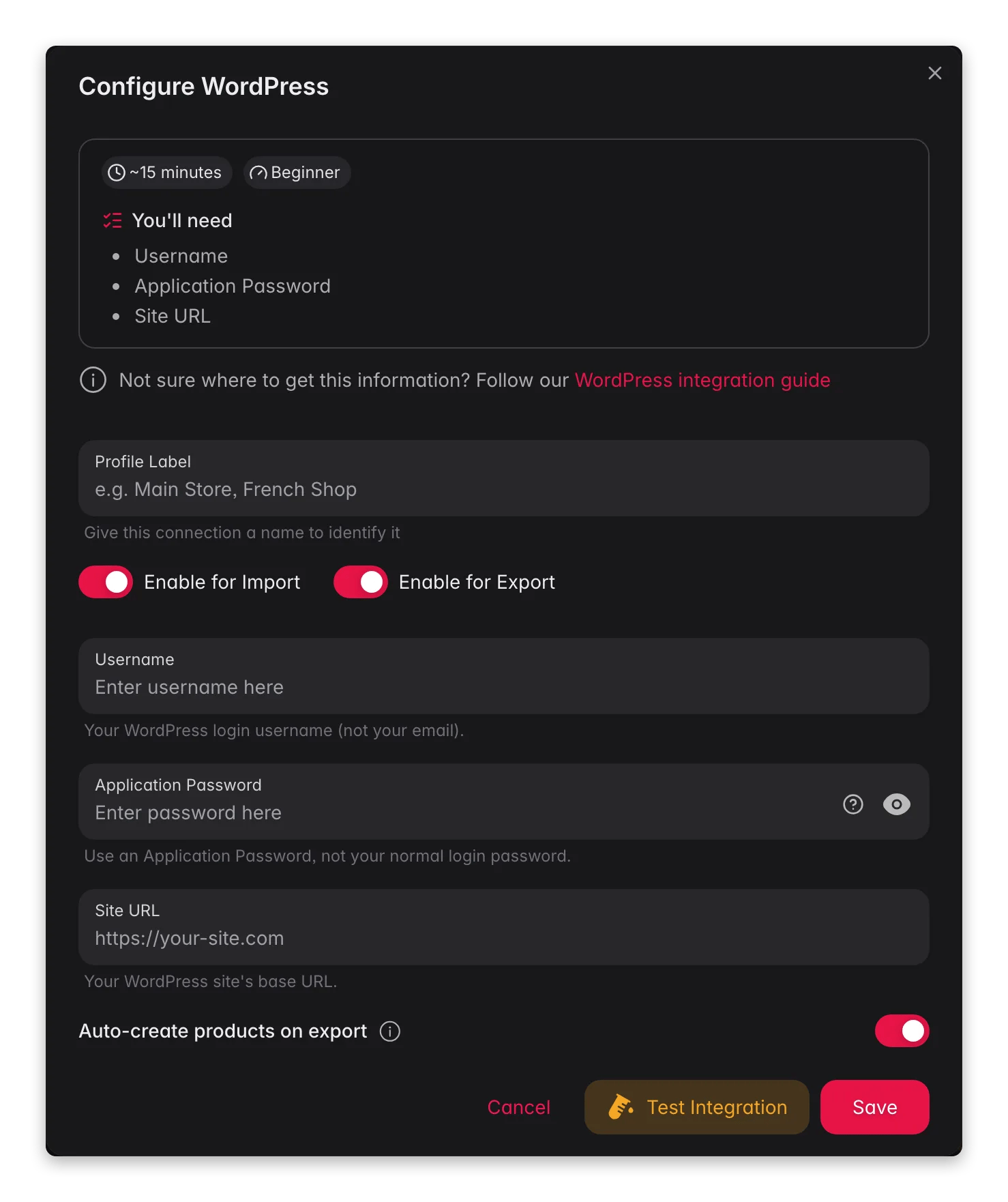 Connecting WordPress to WISEPIM, username, application password, site URL and a live connection test